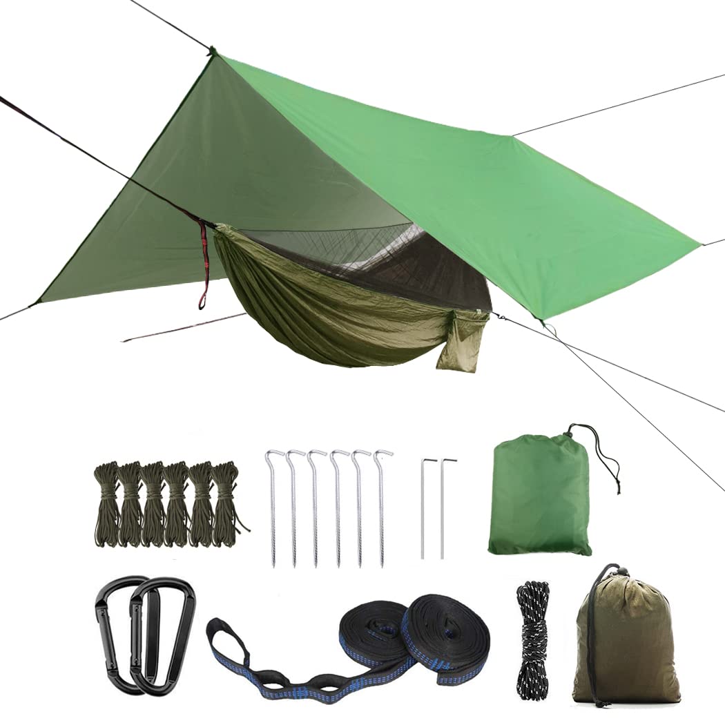 Oversized rain tarpaulin,Camping Hammock with Mosquito Net Rain Fly Heavy Duty Tree Strap,Single Double Hammock Tent Waterproof 
