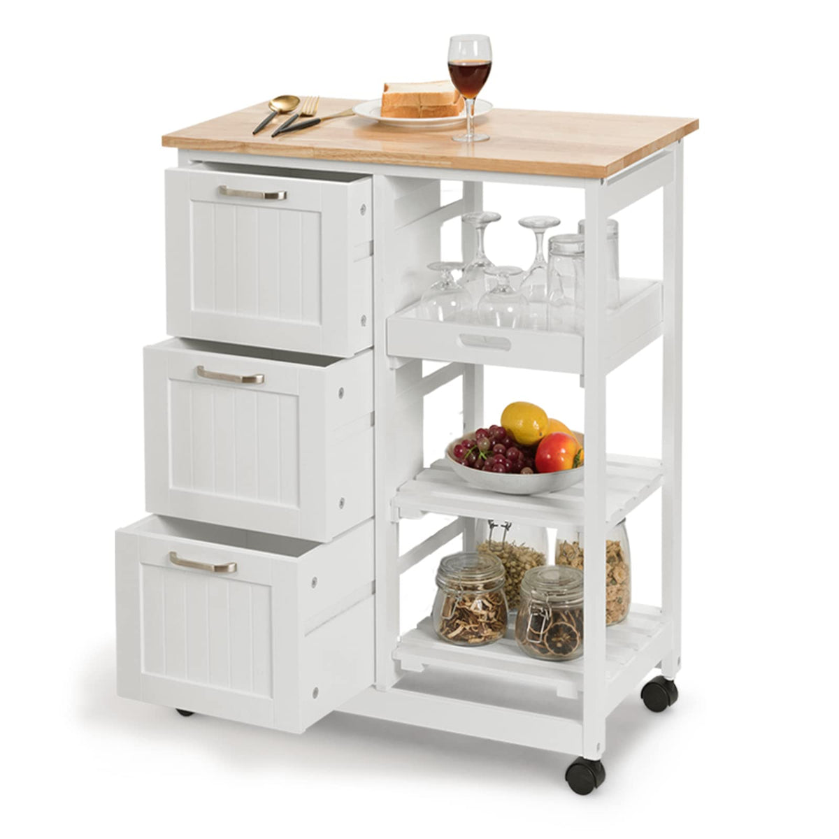 Giantex Kitchen Island Cart, Home Bar Serving Cart, Kitchen Trolley With 3 Large Drawers, Storage Shelf And 3 Tier Shelves, Roll