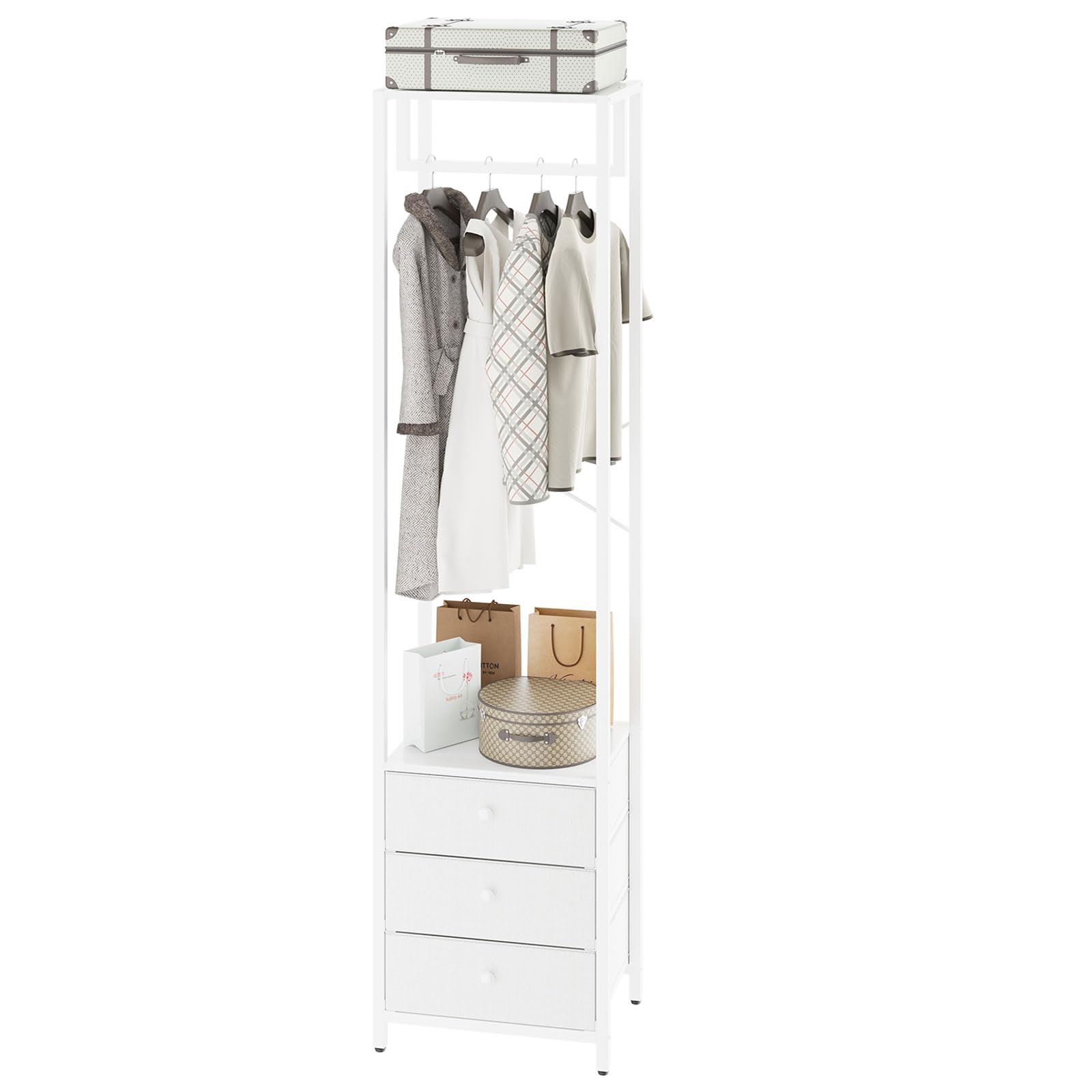 YMYNY Coat Racks, Clothes Rack with Drawers, Freestanding Tall Closet Organizer with 3 Fabric Drawers, Clothes Stand for Hanging