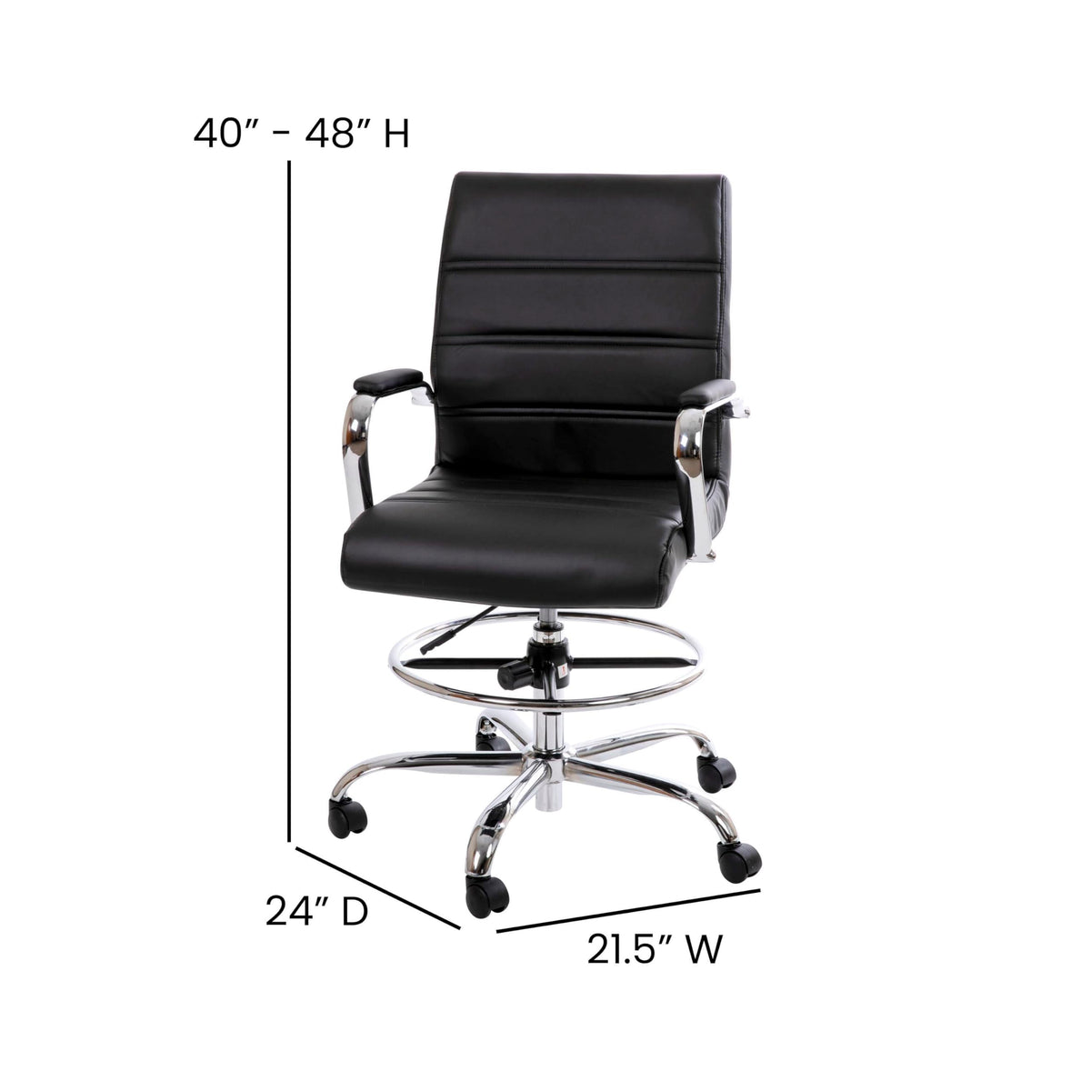 Flash Furniture Whitney Mid-Back Swivel LeatherSoft Drafting Chair with Padded Seat, Armrests, and Foot Ring, Adjustable Office Chair, Black/Chrome