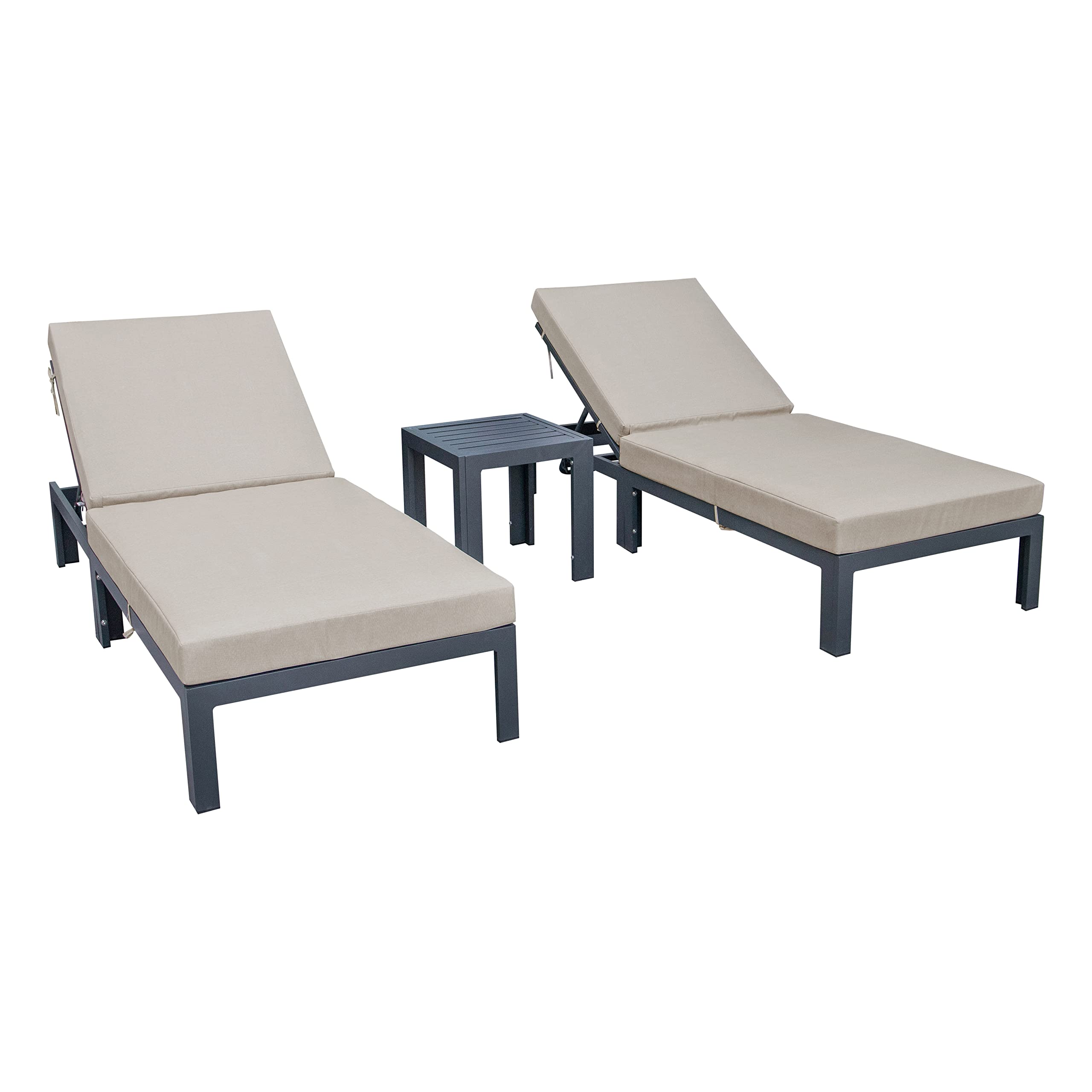 LeisureMod Chelsea Modern Aluminum Outdoor Chaise Lounge Chair Set of 2 with Side Table & Cushions (Beige)