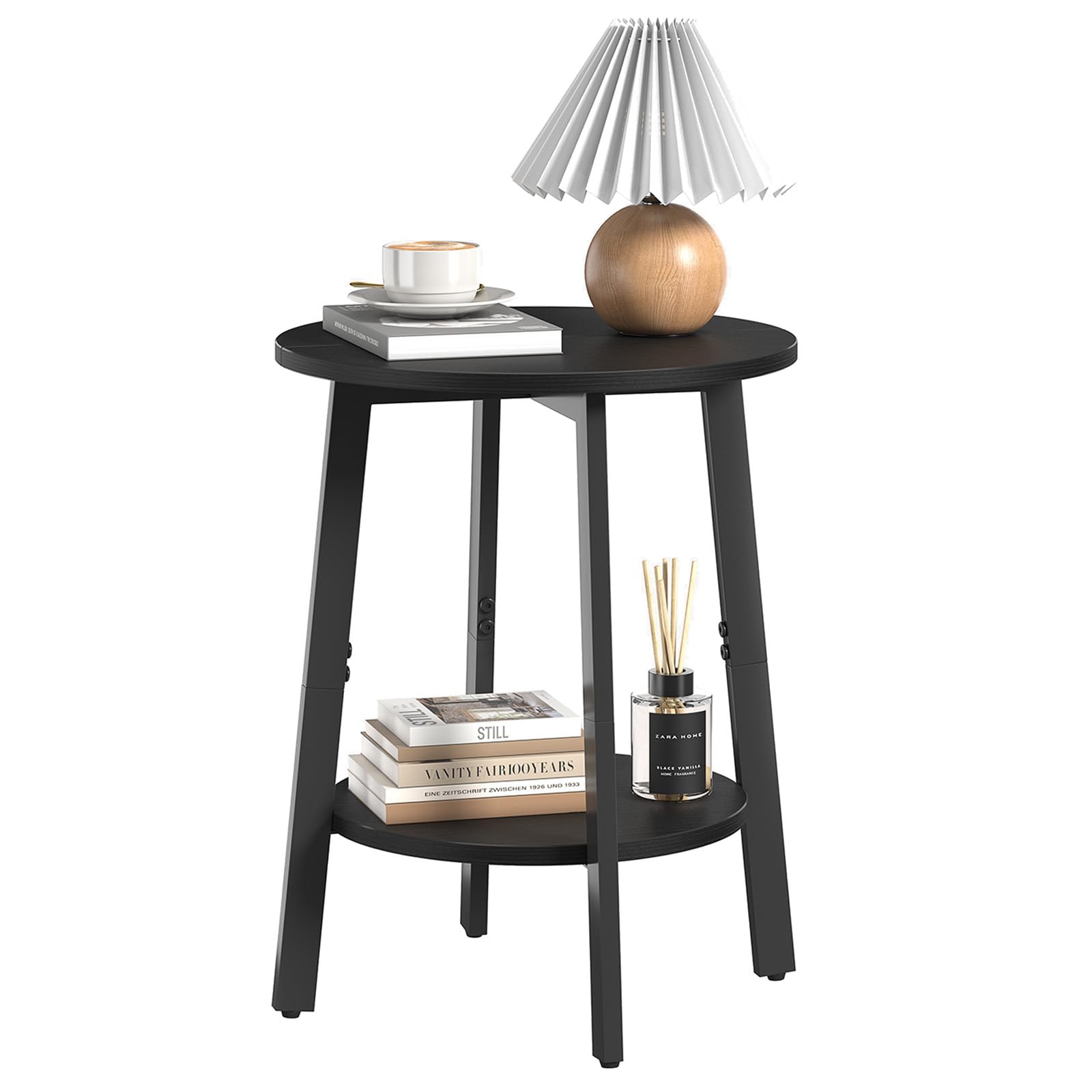 sthmec Side Table, Small Round End Table with Storage Shelf for Small Space, 2-Tier Small Black Bedside Table Sofa Couch Table, 