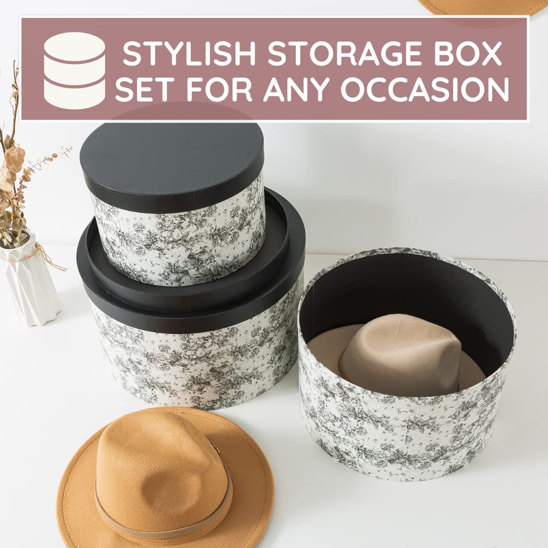 Soul & Lane Floral Hat Round Boxes With Lids - Set Of 3: Nesting Cardboard Hat Storage, Large Black Print Hat Cases, Round Decor