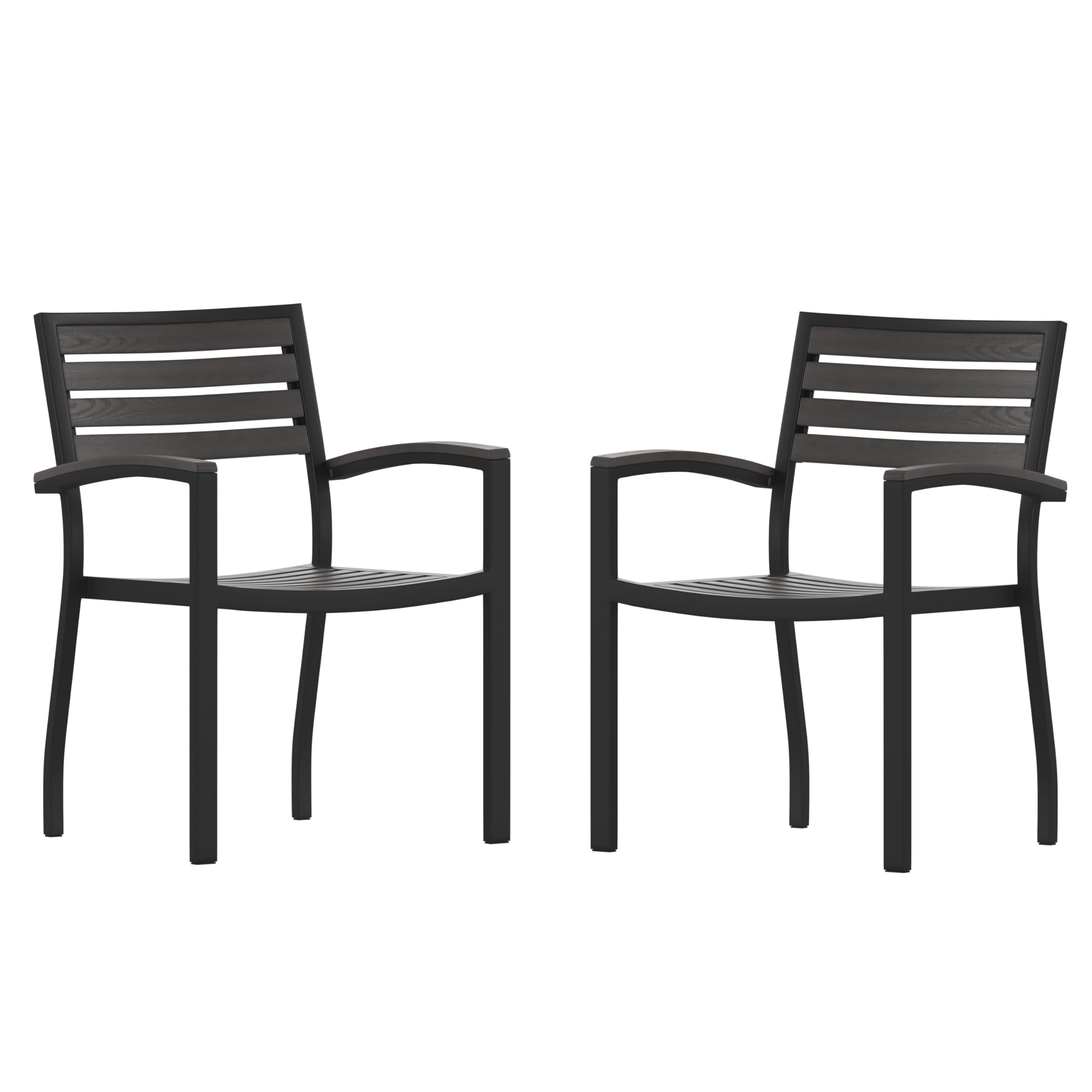 Flash Furniture Stackable Aluminum Patio Chair - All-Weather Black Framed Side Chair with Faux Teak Slats - Commercial Grade - S
