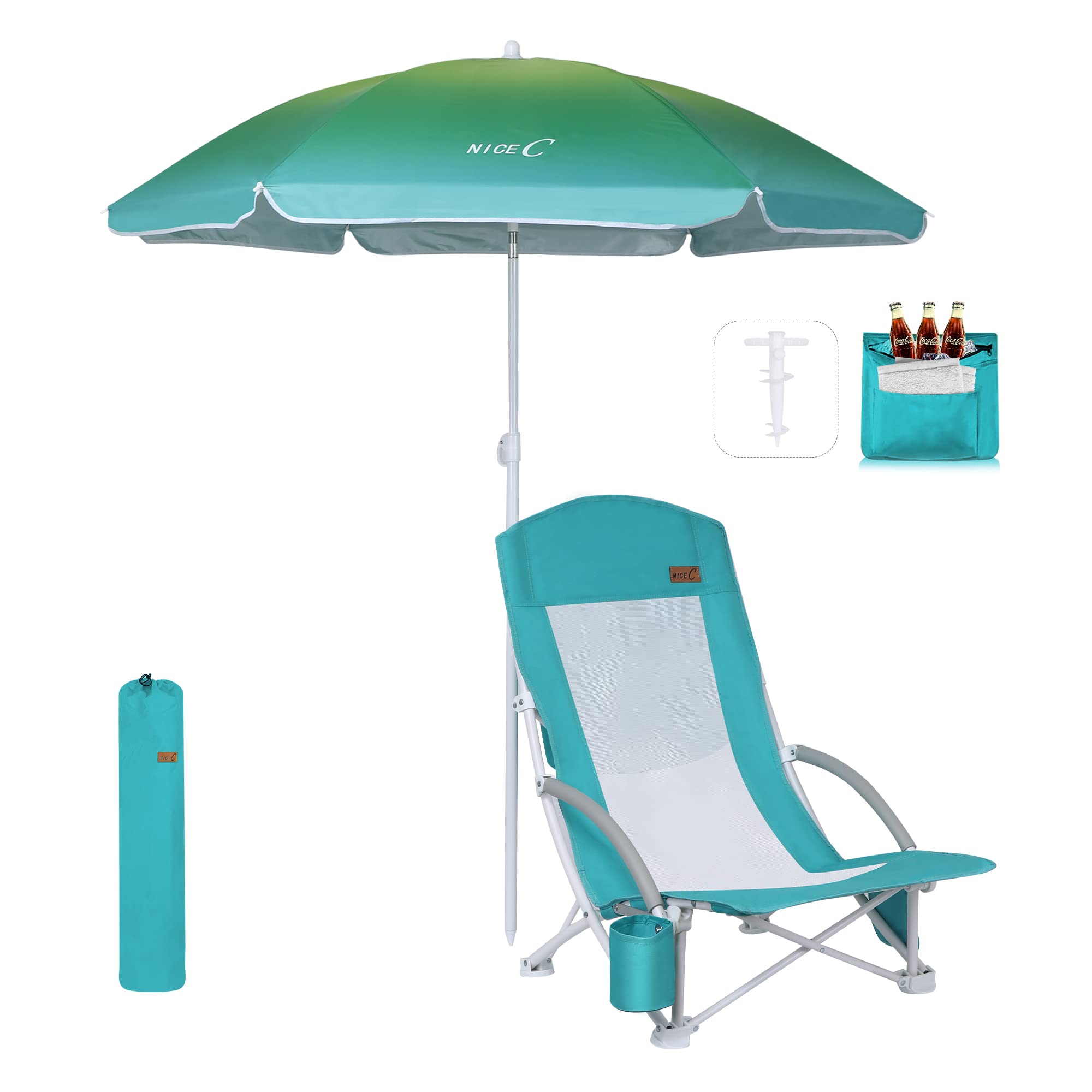 Nice C Beach Chair, Beach Chairs for Adults with Umbrella and Cooler, High Back, Cup Holder & Carry Bag & Heavy Duty Compact Out