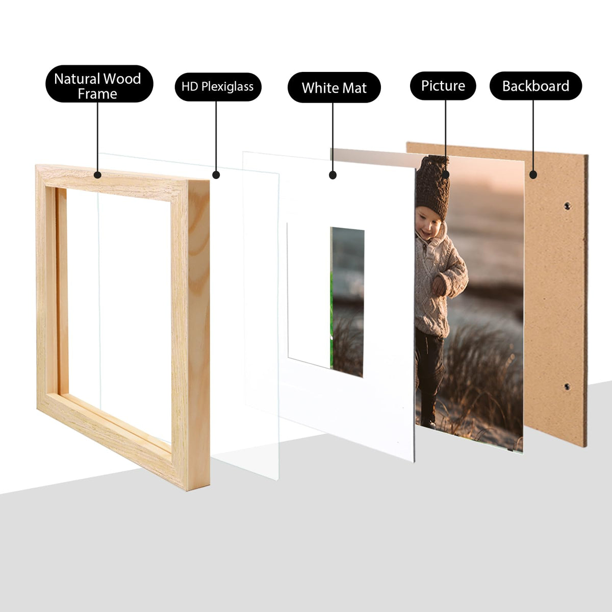 KINLINK 7x7 Picture Frame, Natural Solid Wood, 4 Pack, Wall & Tabletop Display, Includes Mat for 4x4 Photos
