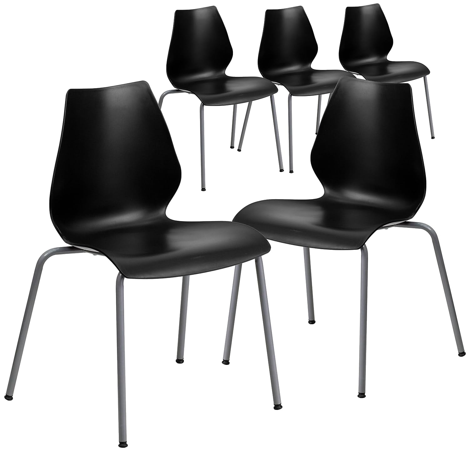 5 Pk. 770 lb. Capacity Black Stack Chair with Lumbar Support and Silver Frame