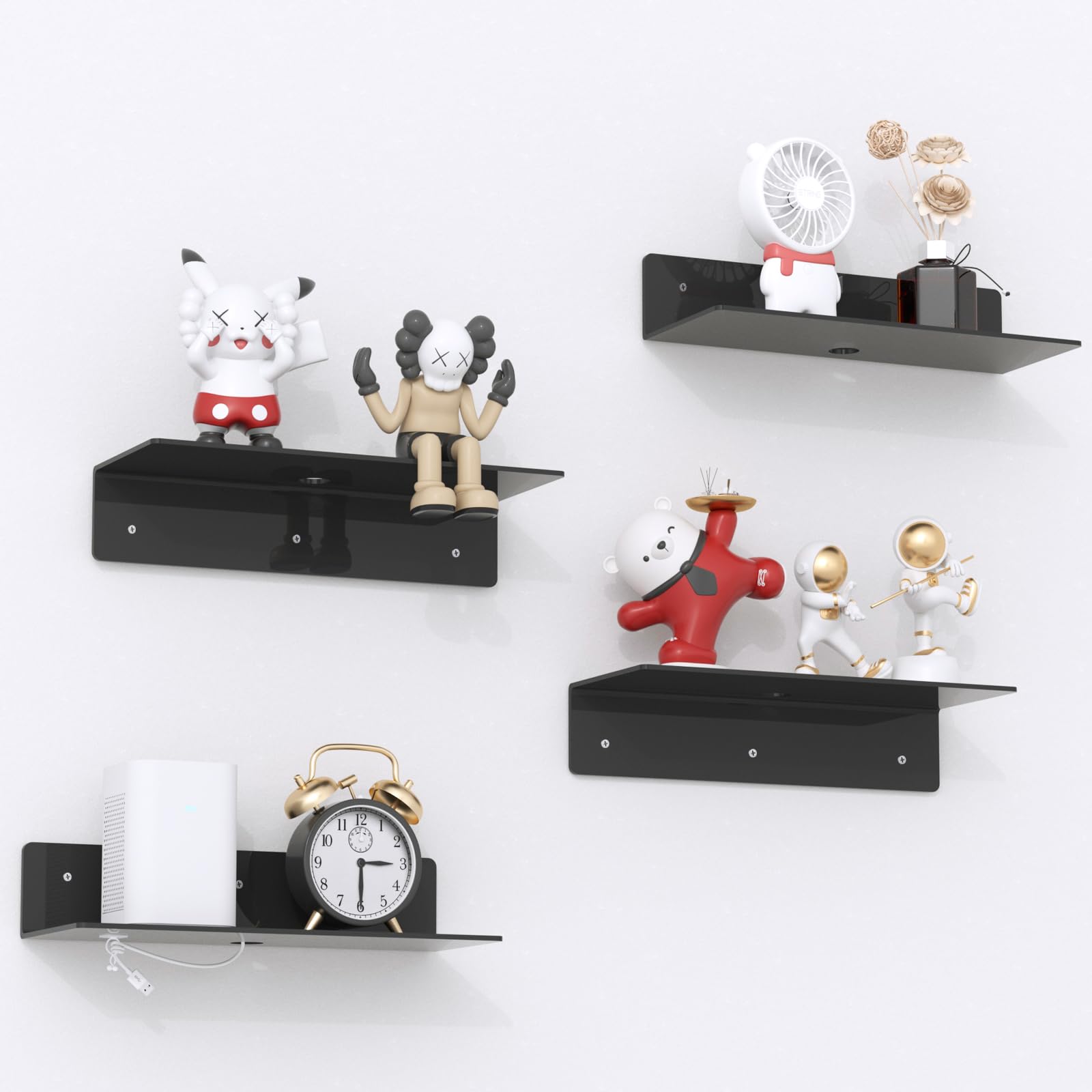 PuzFun 12 Black Acrylic Floating Shelves, 4 Pack Wall Shelf with Cable Clips, Small Floating Shelf for Expand Wall Display Space