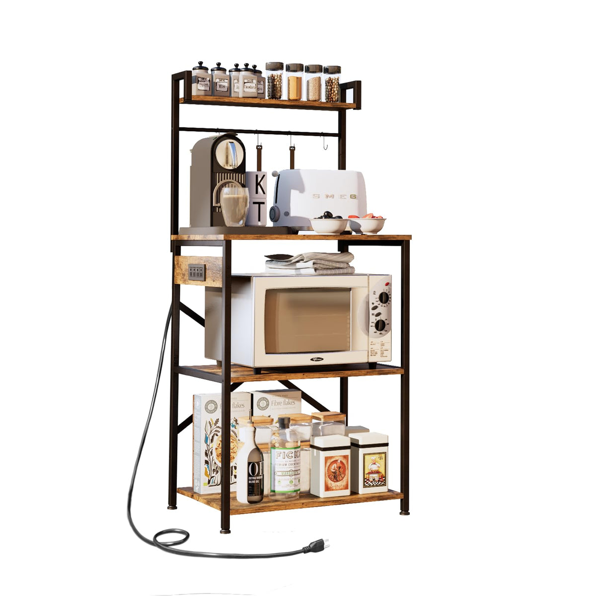 Oirboeus Bakers Rack With Power Outlet,Microwave Stand With Storage 5Tiers,Coffee Bar Station,Microwave Rack,Kitchen Storage Sh