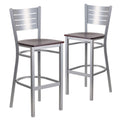 2 Pk. Silver Slat Back Metal Restaurant Barstool - Mahogany Wood Seat