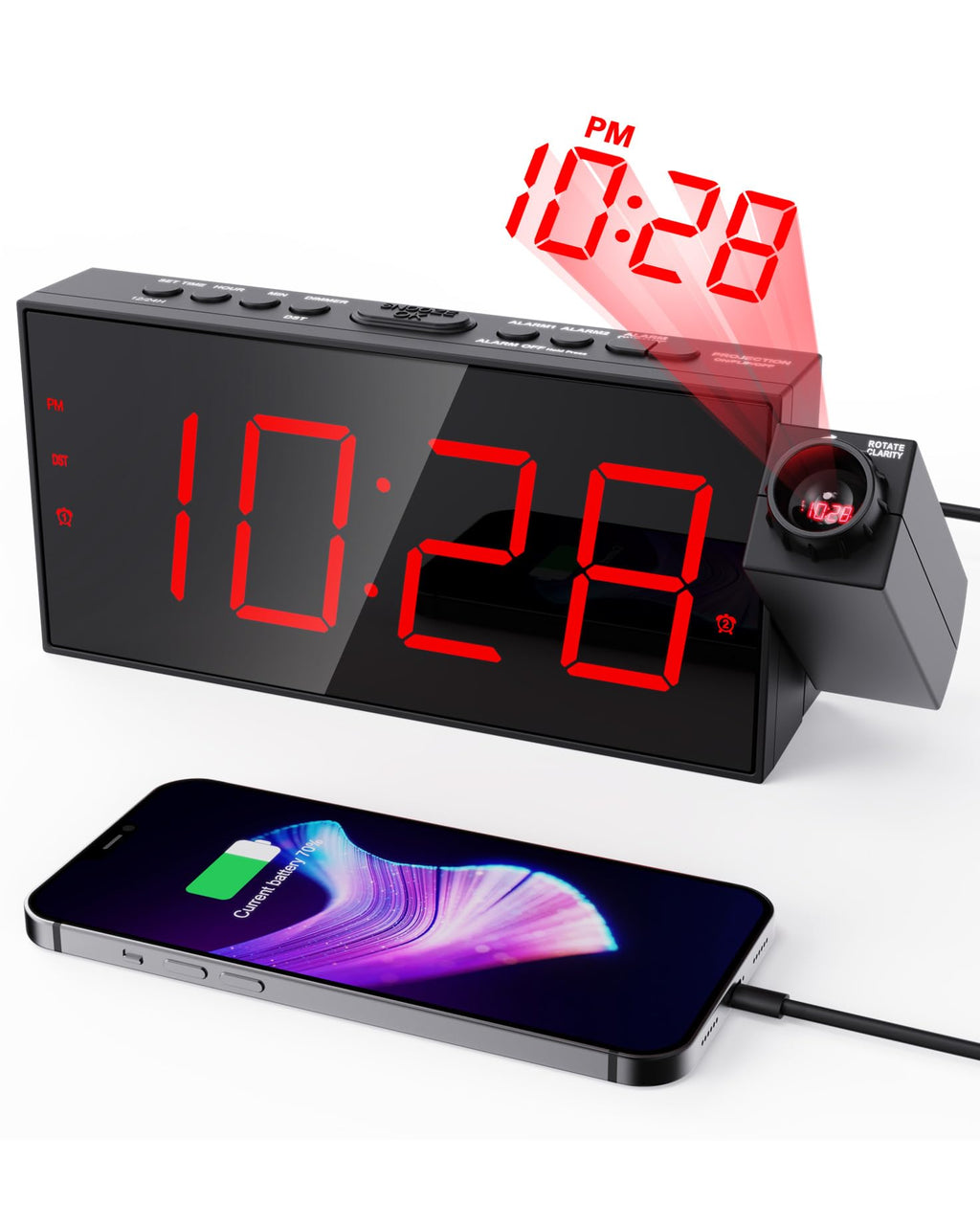 OnLyee Projection Alarm Clock for Bedroom,LED Digital Clock on Ceiling Wall with USB Phone Charging,Battery Backup,180 Rotatable