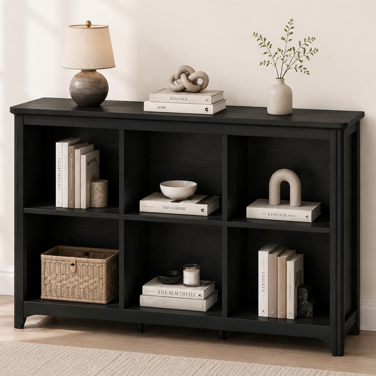 6 Cube Storage Bookcase, Wood Modern Horizontal Bookshelf, Rounded Corners