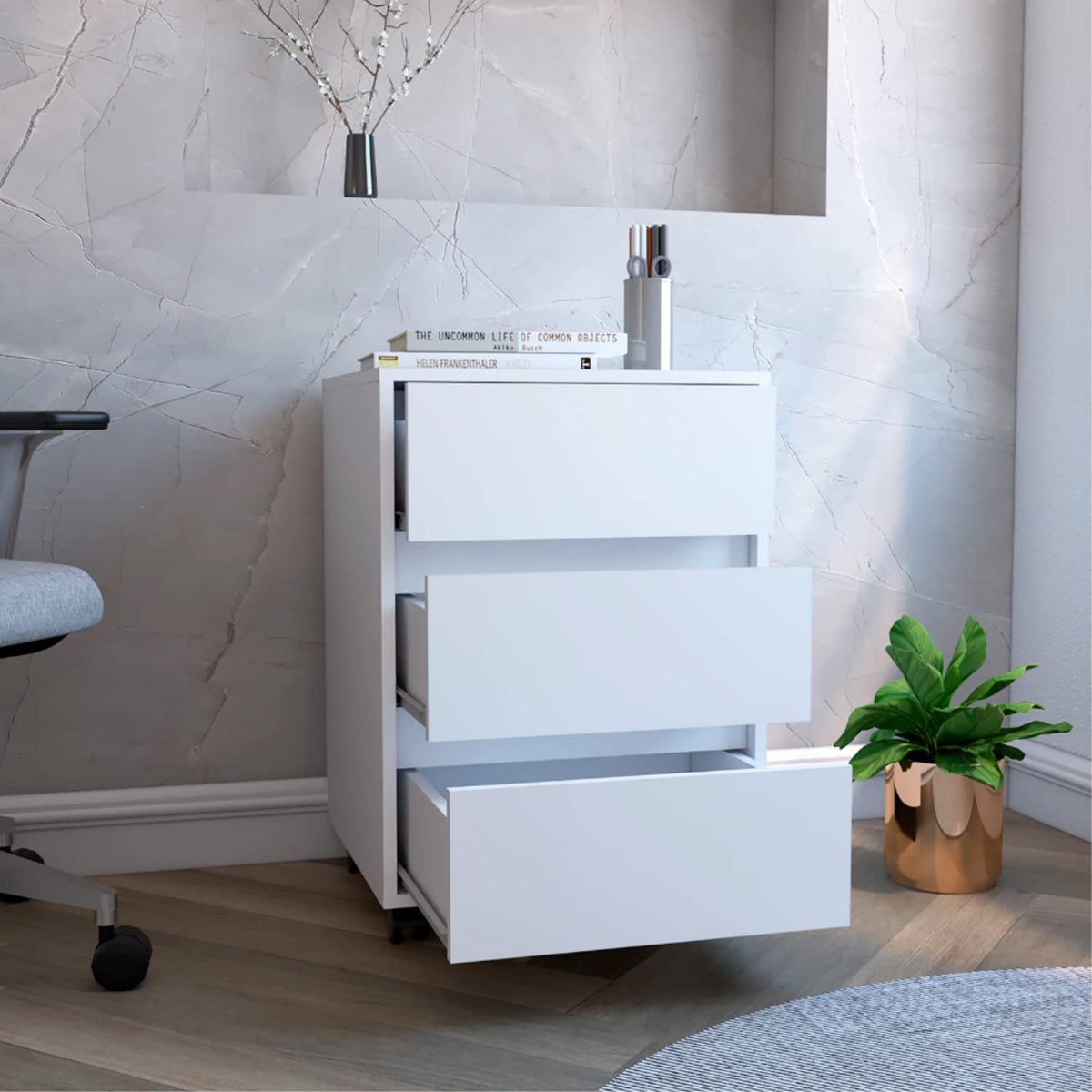 Ibero 3 Drawer Filing Cabinet, 4 Caster Wheels, 3 Drawers, Countertop, White, for Office