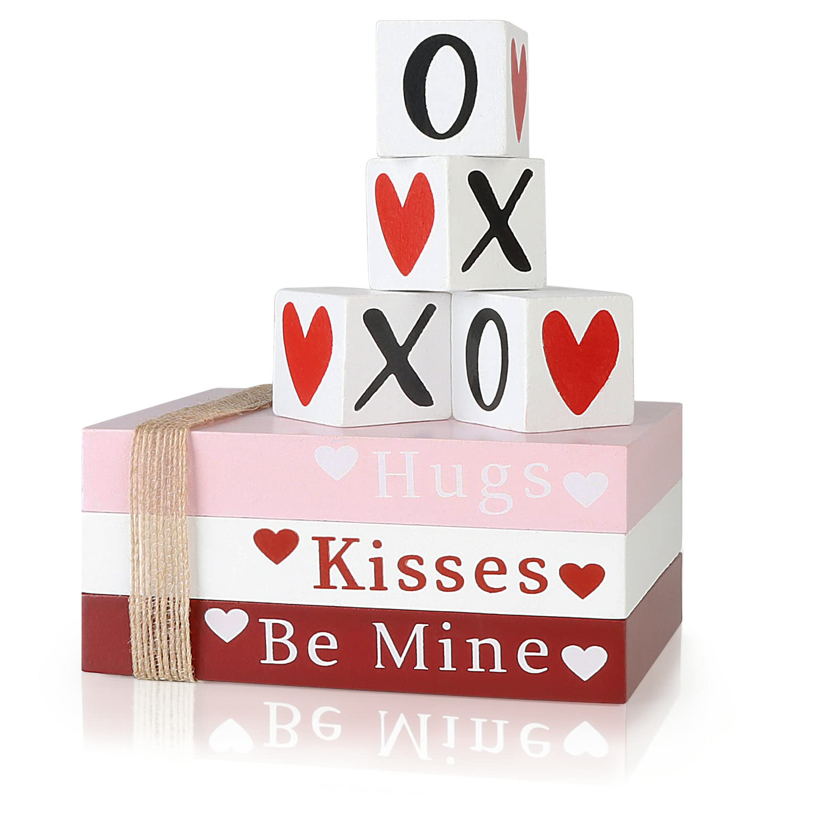 Valentines Day Decor, Wooden Book Stack with 4 XOXO Signs - Valentines Day Decorations for The Home, Tiered Tray, Coffee Table, 