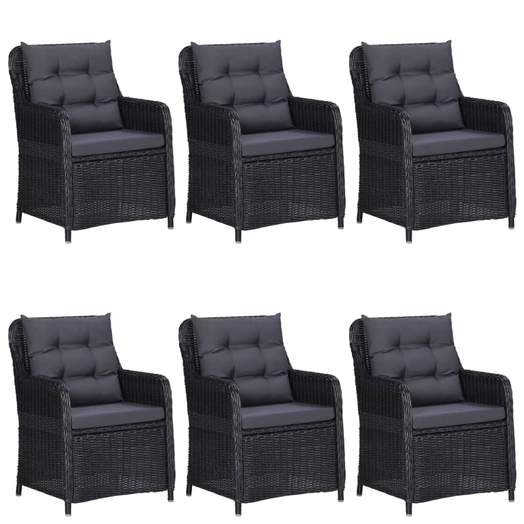 vidaXL 7-Piece Patio Dining Set - Black Steel Frame with Glass Top Table, PE Rattan Chairs, Dark Gray Cushions - Ideal for Outdoor, Patio, Garden, Deck