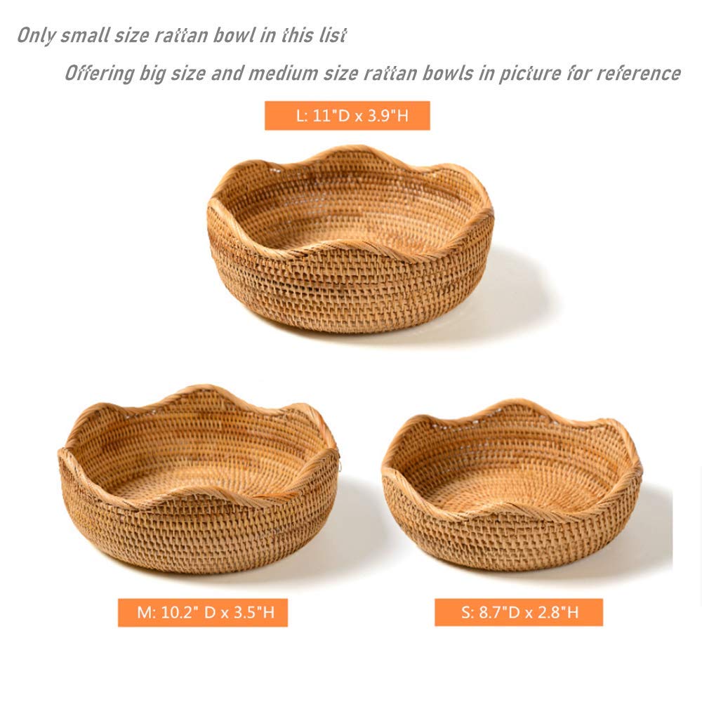 Amololo Handmade Rattan Round Fruit Basket Food Storage Bowls Kitchen Organizer Snack Serving Bowl Wavy Edge Circle Tray Basket,