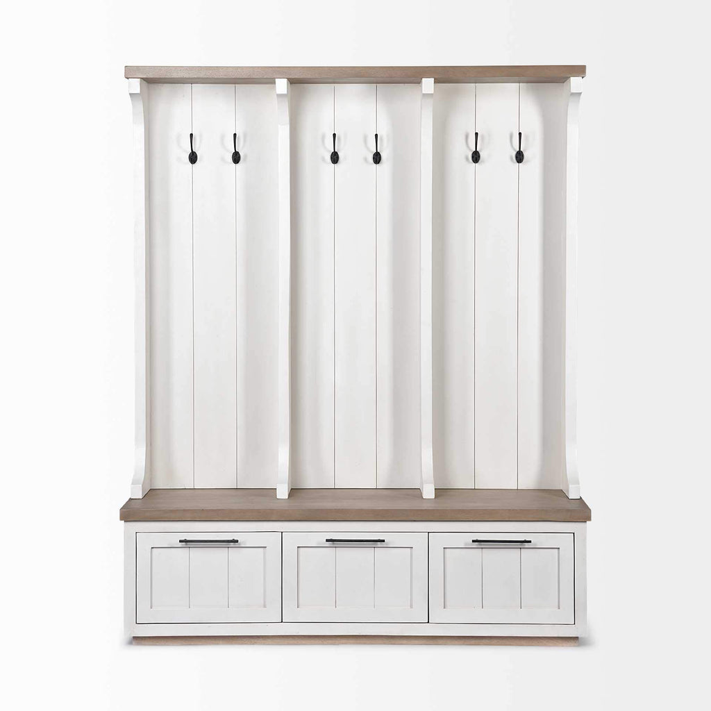 HomeRoots White and Medium Brown Wood Hall Tree w/Storage