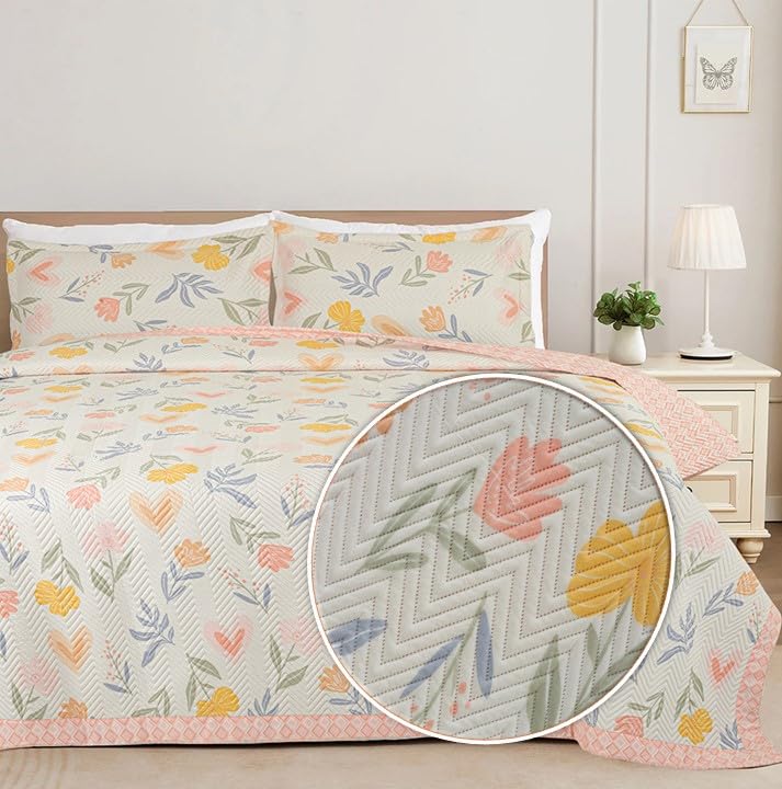 Vas Collections Ultrasonic Bedcover Bedsheet Quilt Bedspread With 2 King Size Pillow Covers 90 X 100 Inches Floral Printed Decor