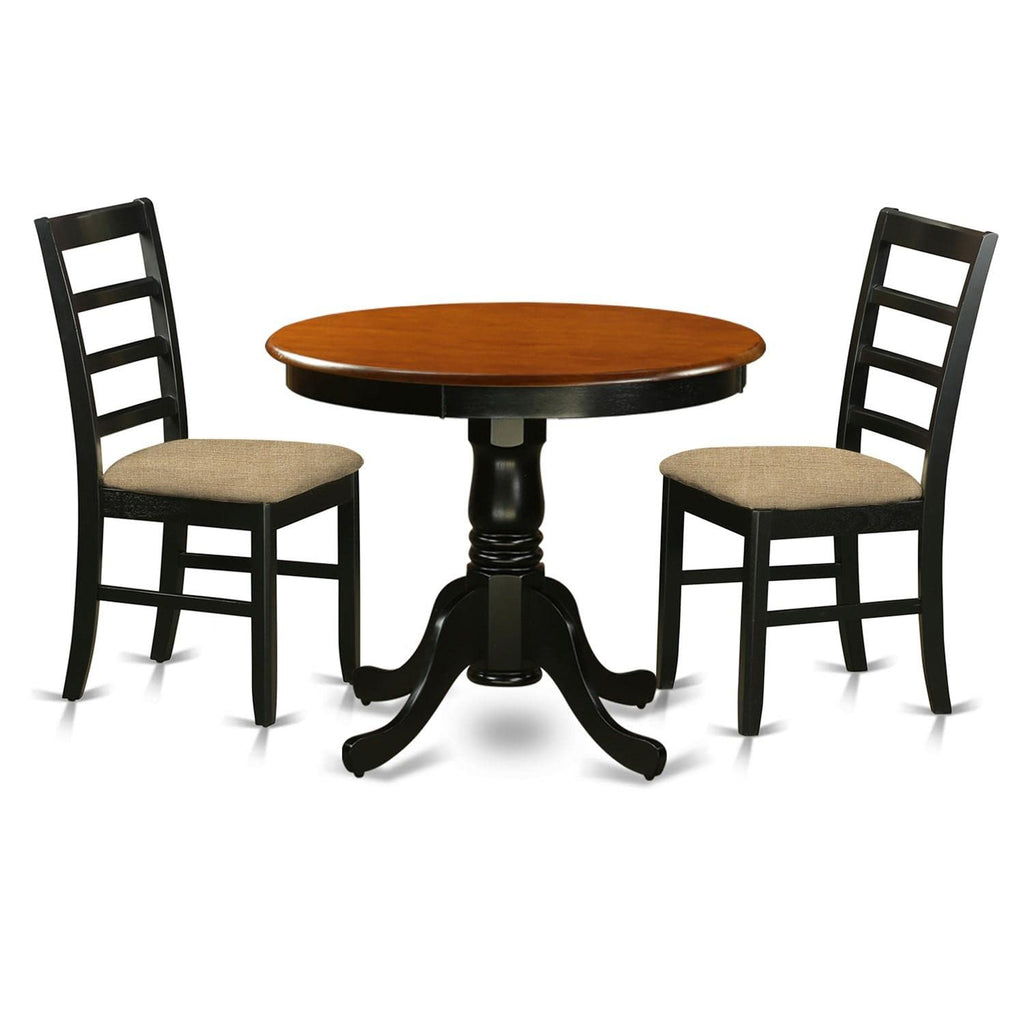 East West Furniture ANPF3-BLK-C 3 Piece Kitchen Table & Chairs Set Contains a Round Dining Room Table with Pedestal and 2 Linen Fabric Upholstered Chairs, 36x36 Inch, Black & Cherry