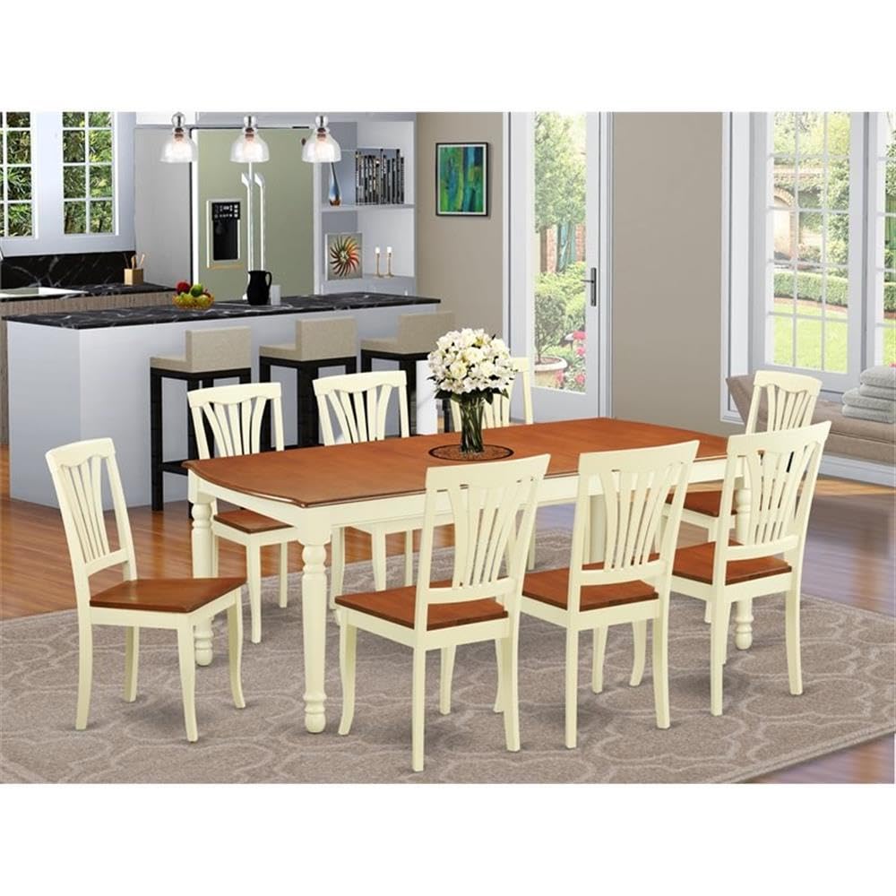 East West Furniture DOAV9-WHI-W 9 Piece Dining Table Set Includes a Rectangle Dining Room Table with Butterfly Leaf and 8 Wooden Seat Chairs, 42x78 Inch, Buttermilk & Cherry