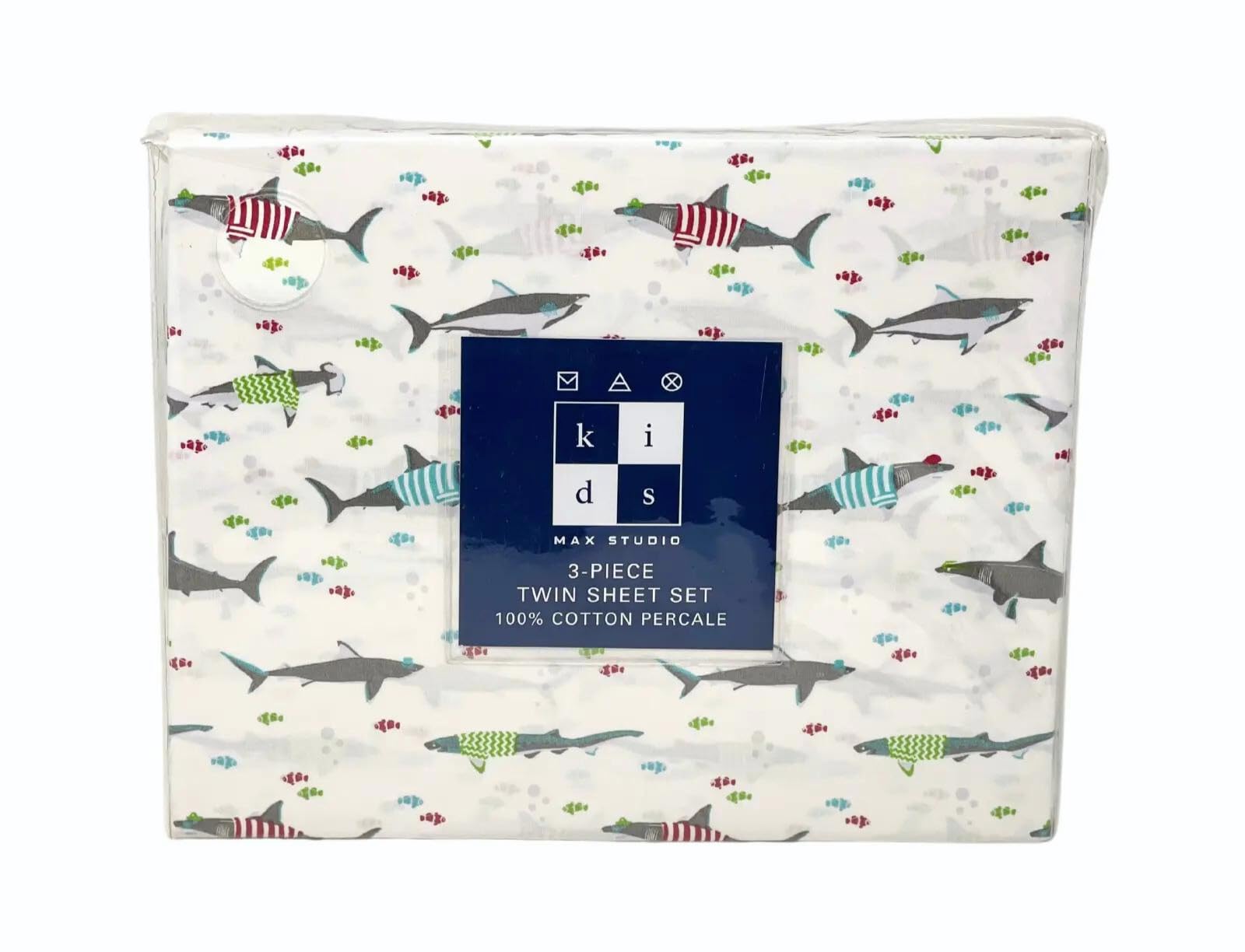 Max Studio Kids 3 Piece Kids Twin Sheet Set Cute Great White Sharks With Striped Shirts