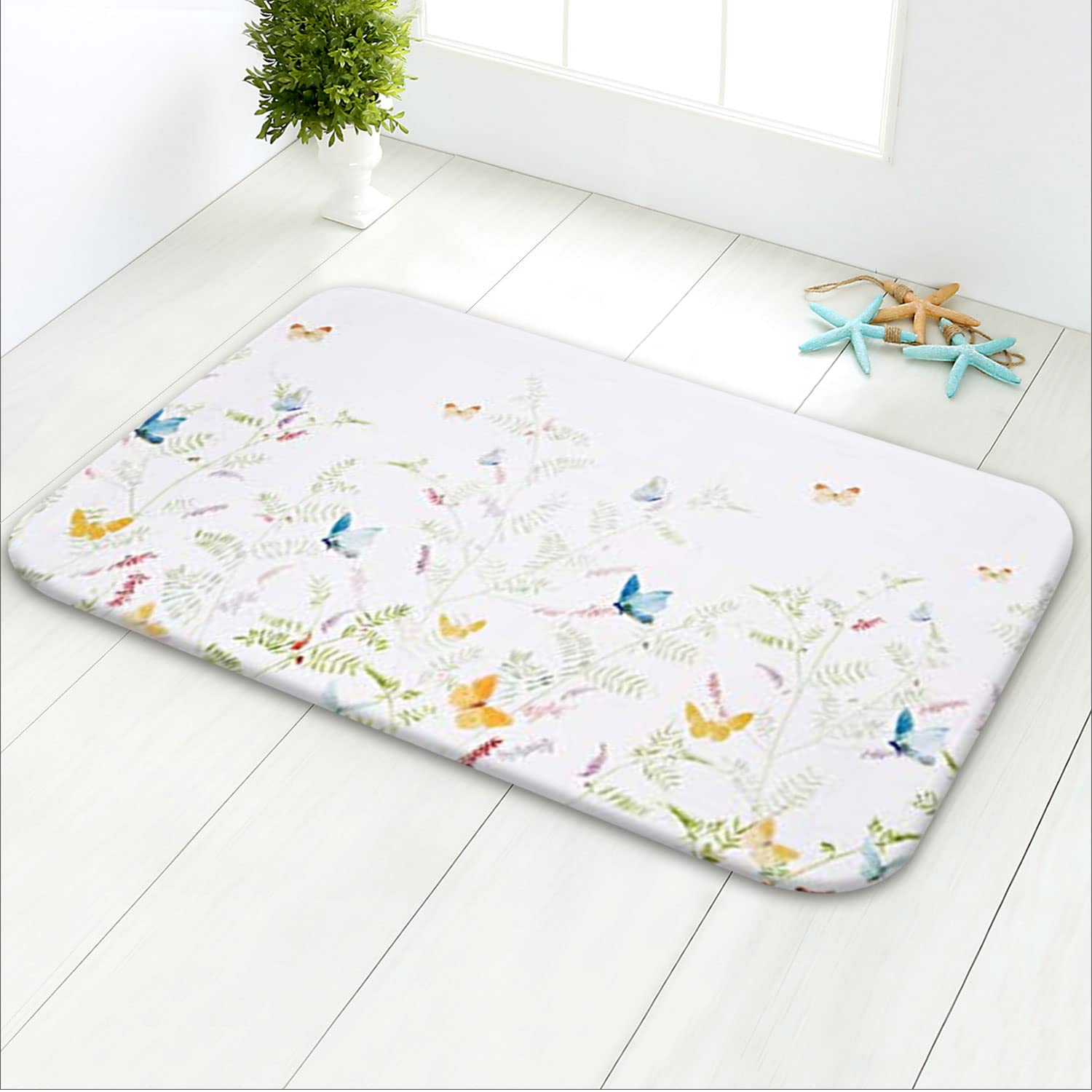LIVILAN Flower Bath Mat, Floral Bathroom Rugs, Flower Bath Rugs, 24X16, Leaf Bathroom Rug, Butterfly Bath Mats for Bathroom.