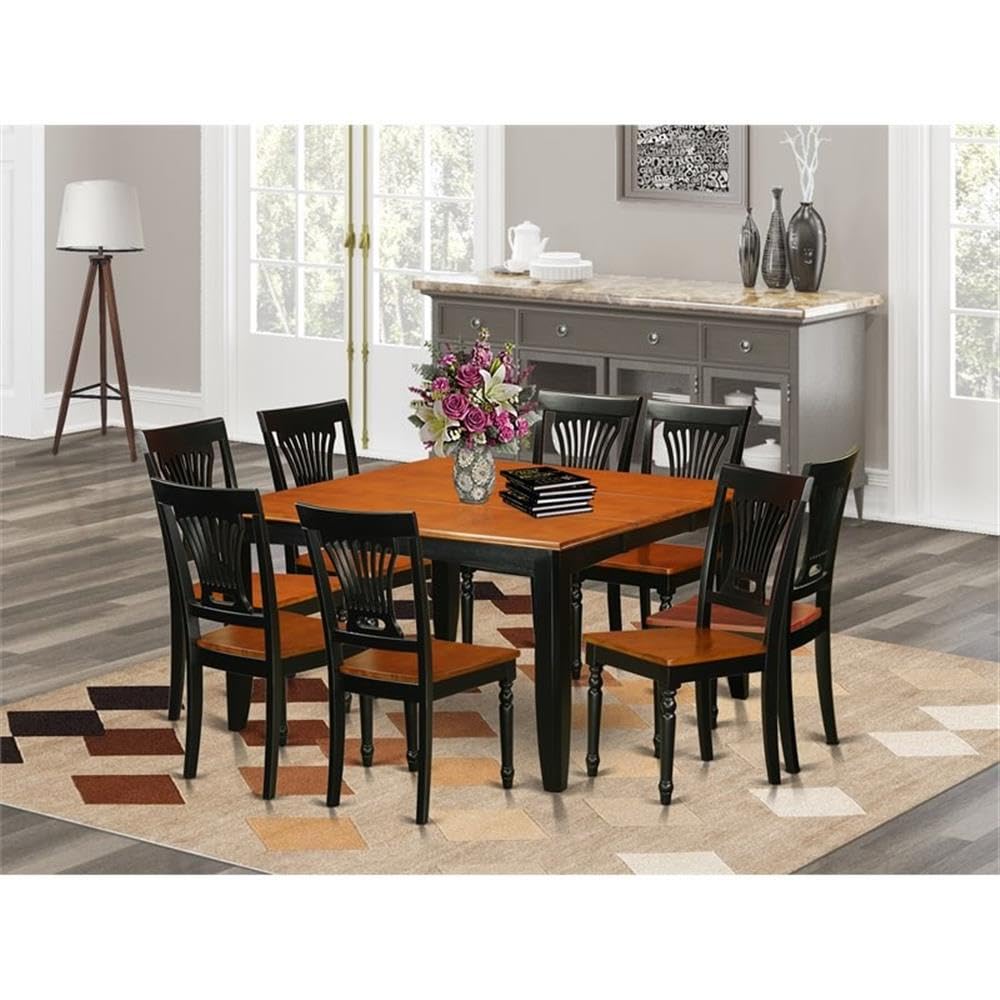 East West Furniture PFPL9-BCH-W 9 Piece Dining Table Set Includes a Square Dining Room Table with Butterfly Leaf and 8 Wood Seat Chairs, 54x54 Inch, Black & Cherry