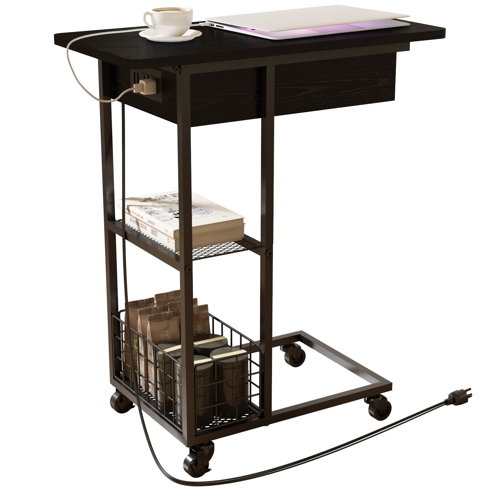 LIDYUK C Shaped End Table with Charging Station, Flip Top Side Table with USB Ports and Outlets, C Table Sofa Table with Storage