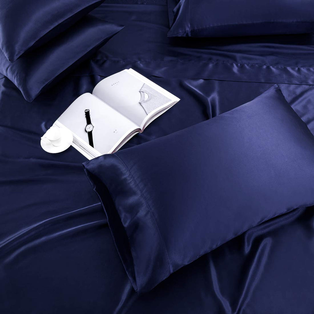 Treely 6 Piece Satin Sheets King Size Silky Smooth Navy Blue Satin Sheet Set With Deep Pocket, Satin Fitted Sheet, Flat Sheet, 4