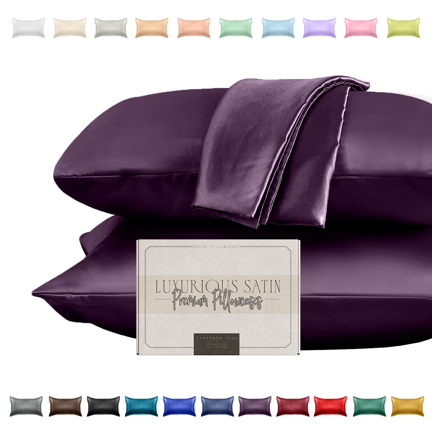 Elegant Comfort Silky And Luxurious 2-Piece Satin Pillowcase Set For Healthier Skin And Hair, Hidden Zipper Closure And Beautifully Packaged, Satin Pillowcase Set, King, Purple