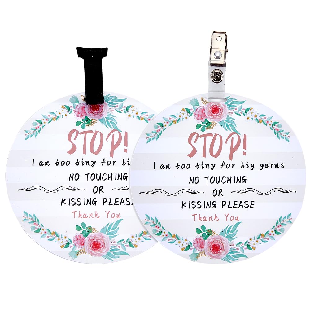 PLIGREAT 2 Pack No Touching Car Seat Sign, Flowers Pattern No Kissing Stroller Tag with Hanging Straps and Clip, No Touching Bab