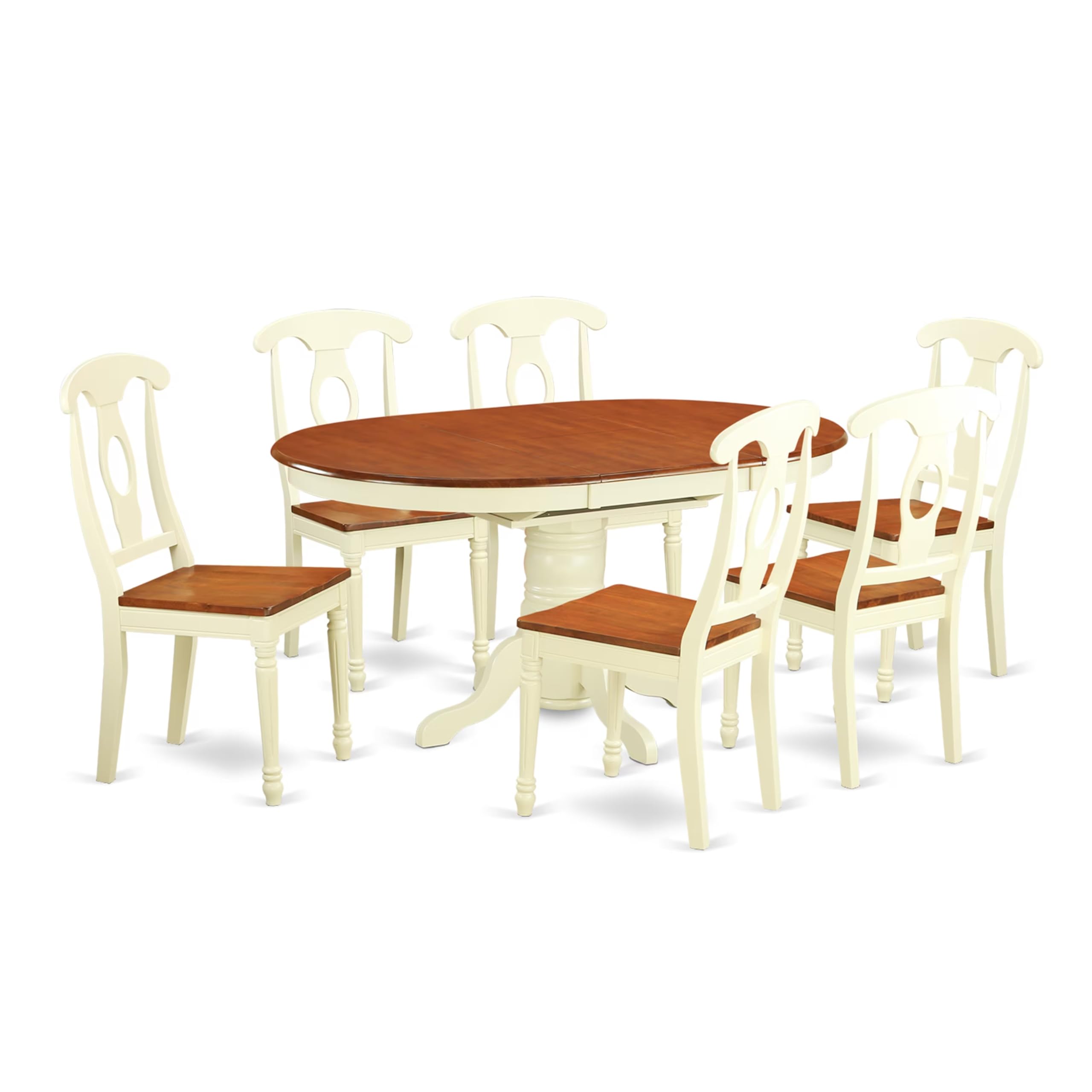 East West Furniture KENL7-WHI-W 7 Piece Modern Dining Table Set Consist of an Oval Wooden Table with Butterfly Leaf and 6 Kitchen Dining Chairs, 42x60 Inch, Buttermilk & Cherry