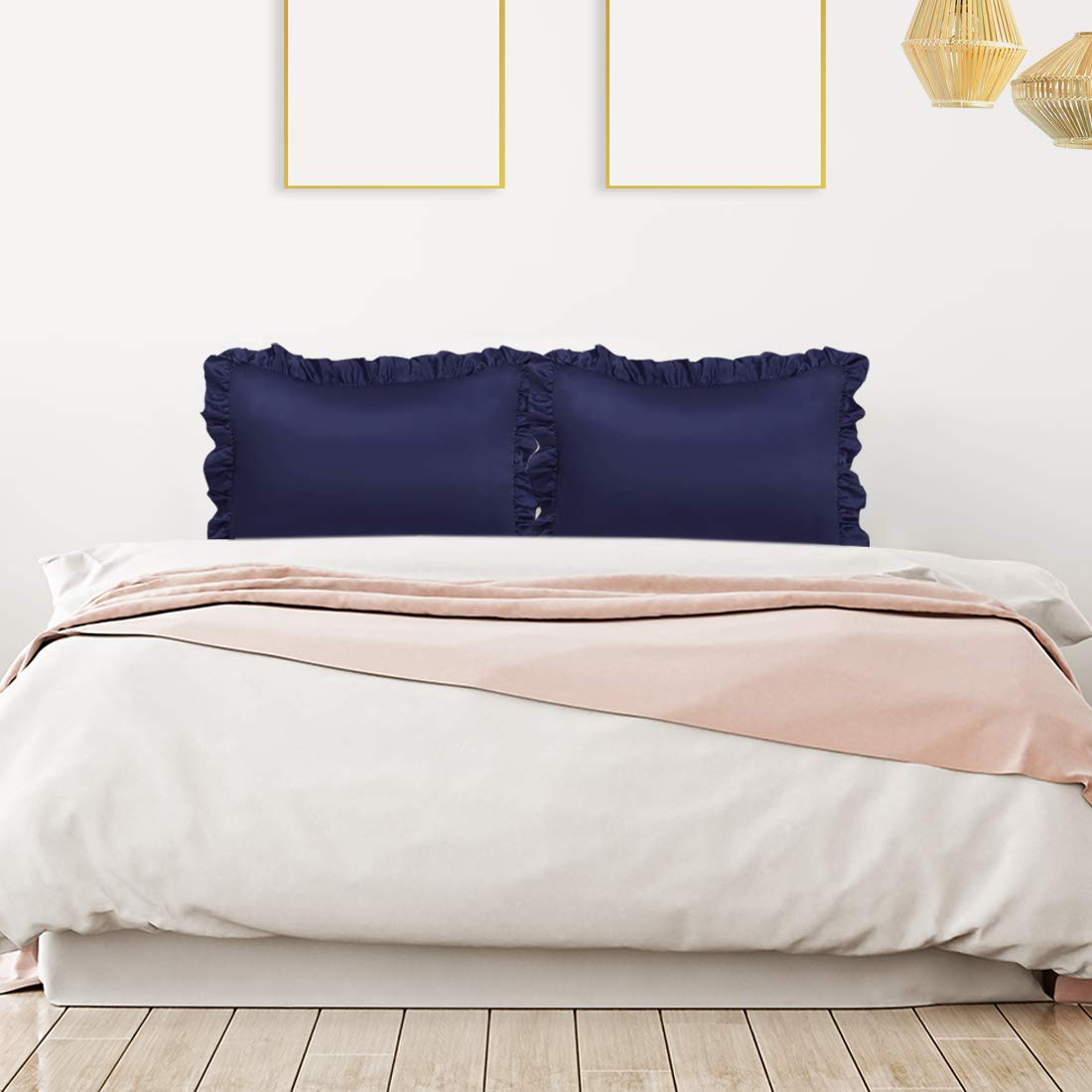 Piccocasa Satin Pillow Cases For Hair And Skin, 2-Pack-Ruffled Pillow Shams Oxford Pillowcases Covers With Envelope Closure Navy