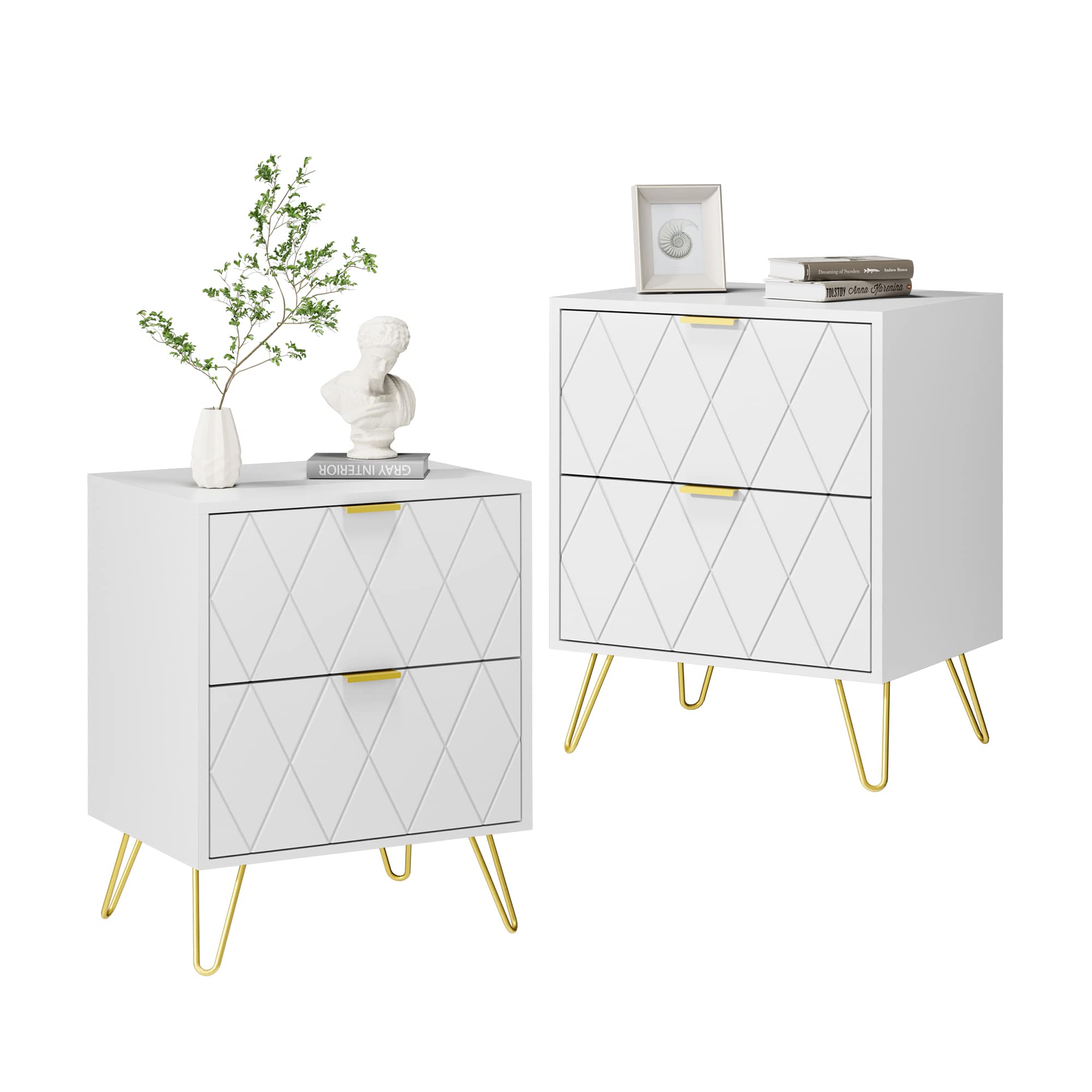 Anbuy White Nightstand Set Of 2, End Side Table Double, Bedside Table With 2 Drawers, Dual Night Stand Metal Gold Legs For Bedroom Living Room