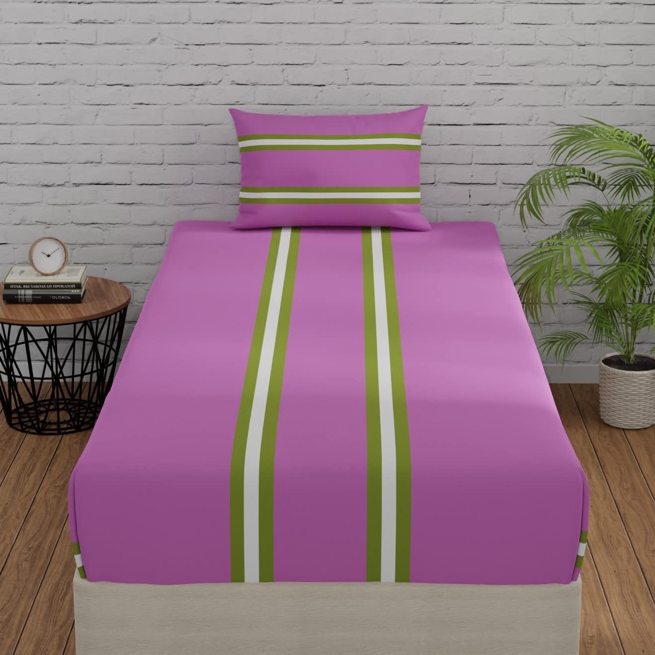 Huesland By Ahmedabad Cotton 144 Tc Single Bedsheets Cotton With 1 Pillow Cover | Striped Pink & Green