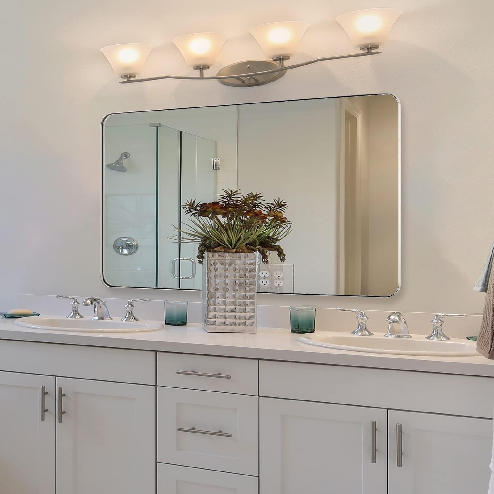 ANDY STAR Chrome Bathroom Mirror, 24   x40    Polished Nickel Rounded Corner Rectangle Mirror, Modern Metal Frame Bathroom Vanit