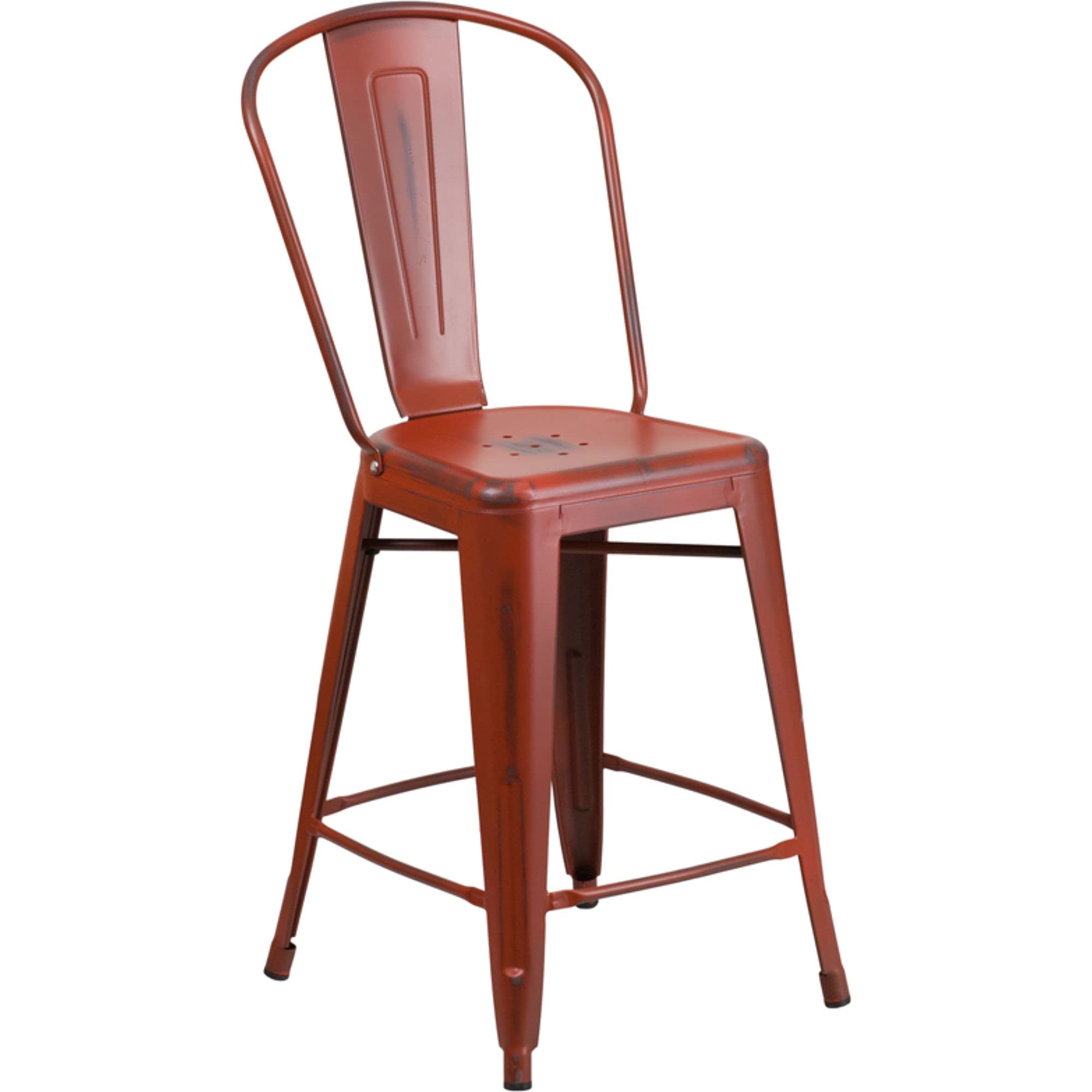 4 Pk. 24 High Distressed Kelly Red Metal Indoor Counter Height Stool with Back