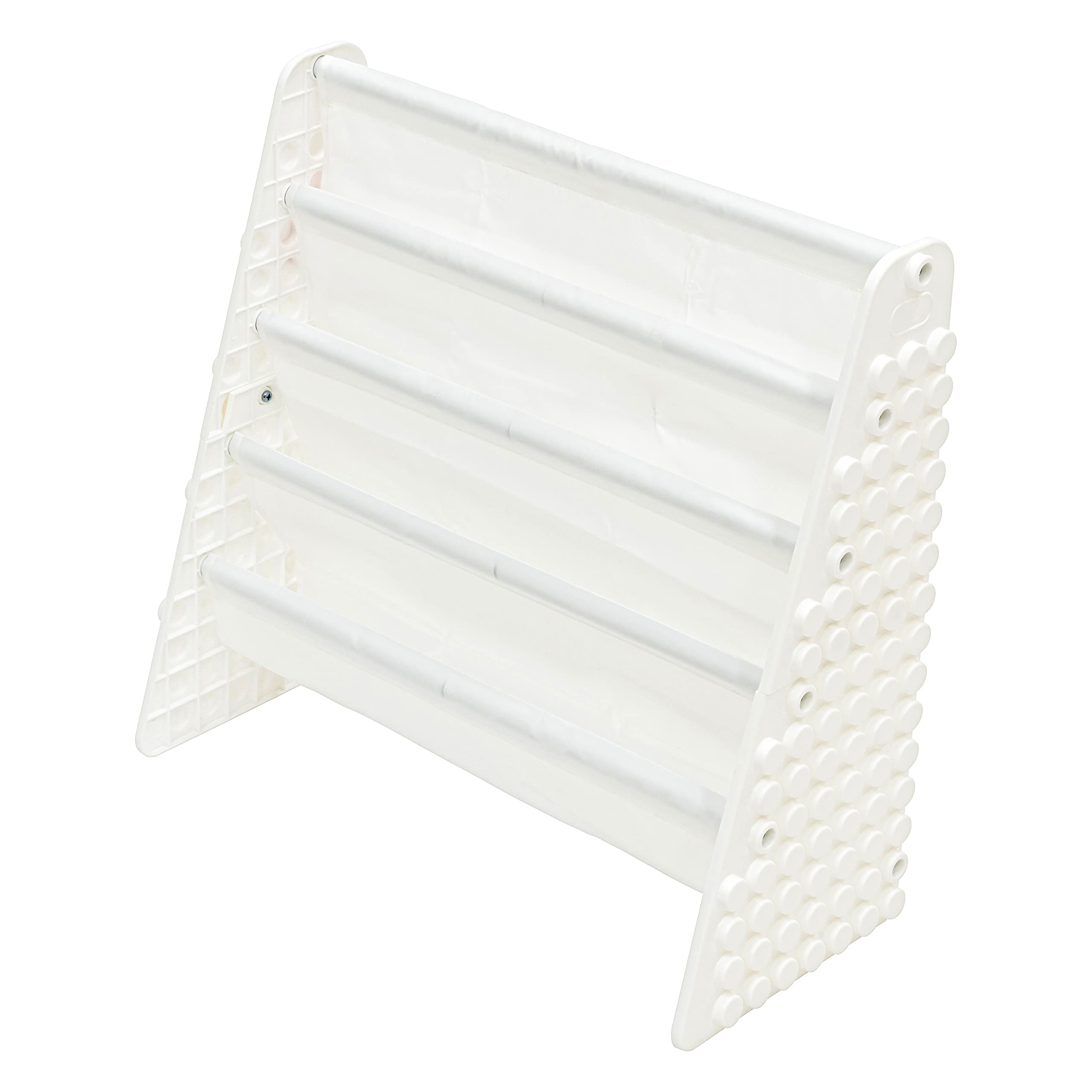 UNiPLAY Kids 4-Tier Book Storage Organizer with Sling Book Pockets, Plastic Sling Rack Bookshelf for Playroom, Fits Blocks, Whit
