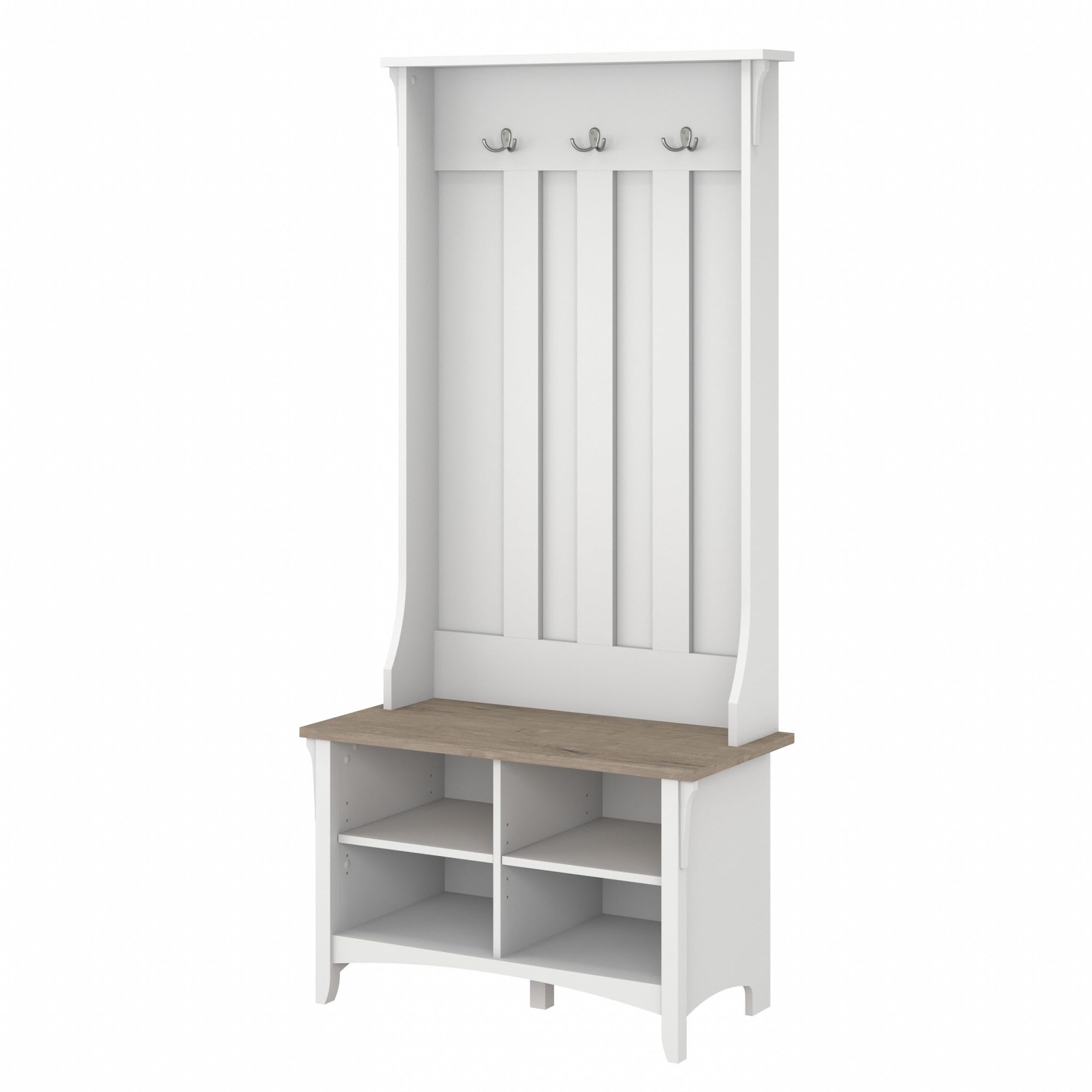 Bush Furniture Salinas Hall Tree with Shoe Storage Bench in Shiplap Gray and Pure White, Multi-Purpose Home Organizer, Entryway 
