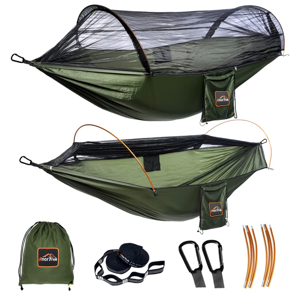 Anortrek Professional Camping Hammock With Mosquito Net, Lightweight Portable Double Hammock With Two 10 Ft Hammock Tree Straps,