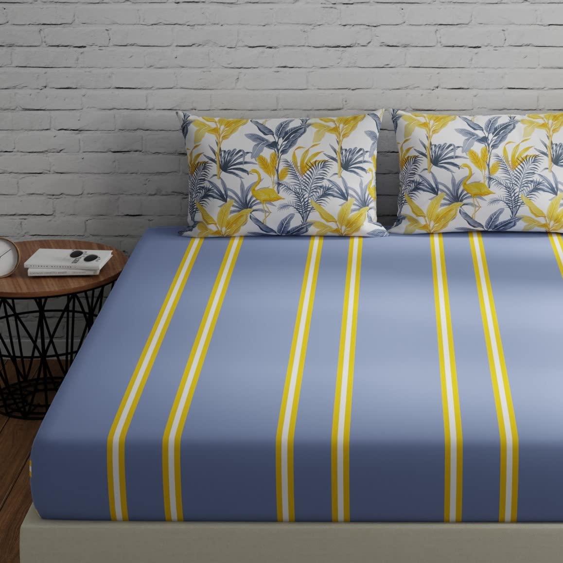 Huesland By Ahmedabad Cotton 144 Tc Bedsheet For Double Bed King Size With 2 Pillow Covers | 108 By 108 Inch | Stripes & Flaming