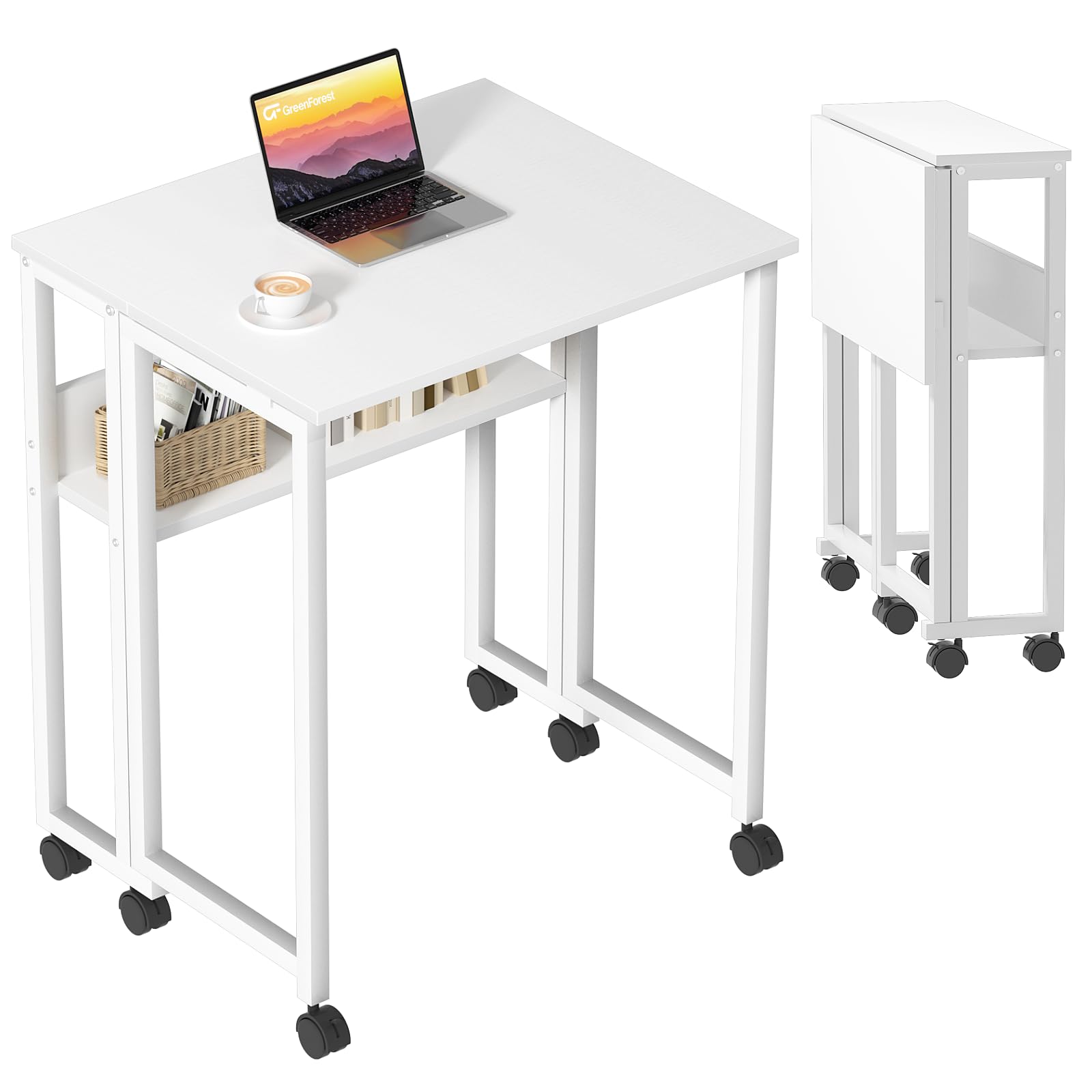 Greenforest Folding Desk White Desk With Storage Shelf Small Size, Foldable Computer Desk With Wheels Small Desk For Small Space, Easy Assembly, Pure White