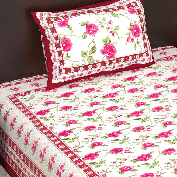 E ELMA Comfort Rajasthani Jaipuri Traditional Sanganeri Print 144 TC 100% Cotton Single Bedsheet with 1 Pillow Cover