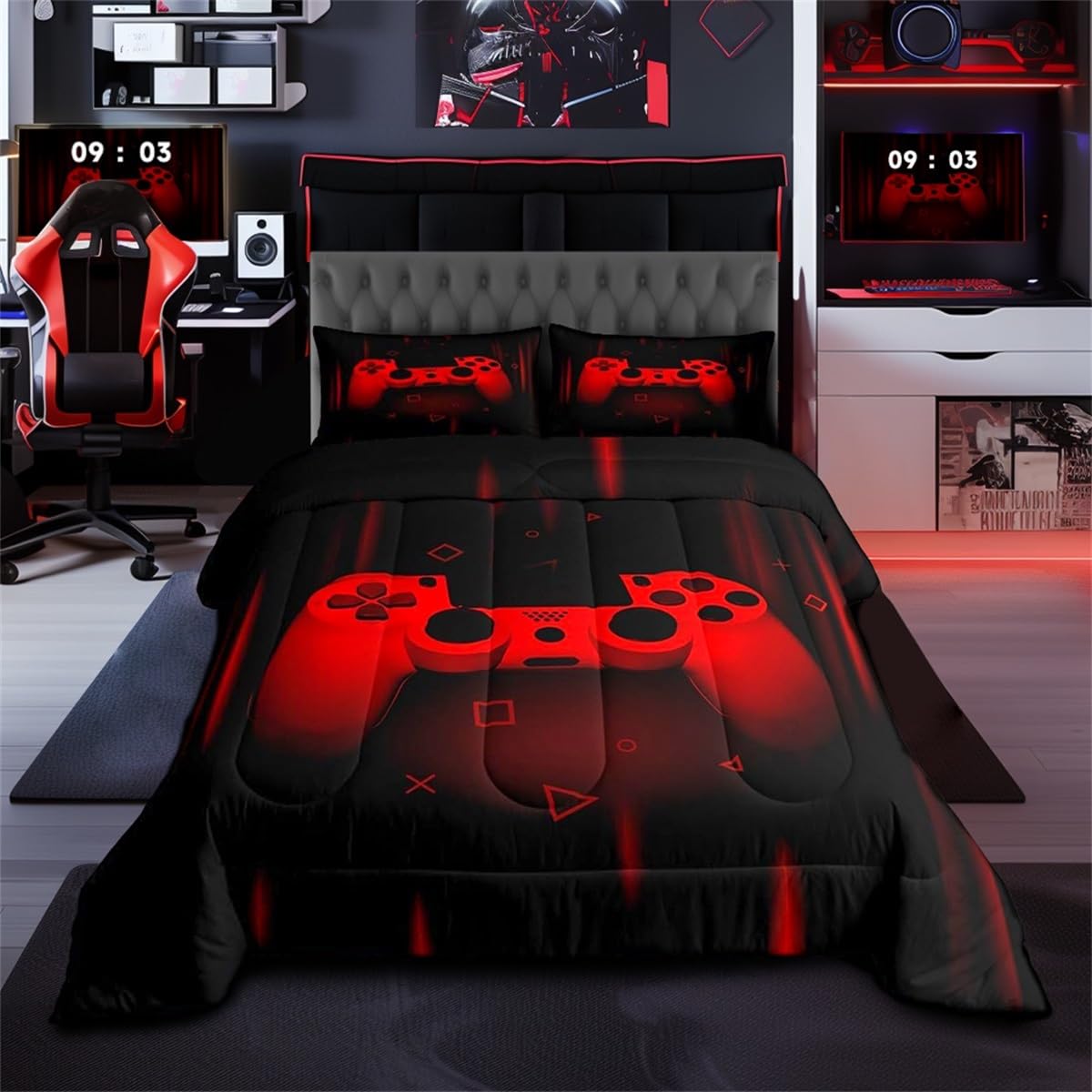 Feelyou Twin Comforter Set For Boys Gamer Bedding Set For Boys Kids Gaming Comforter Red Black Teen Child Gamer Room Decor Soft