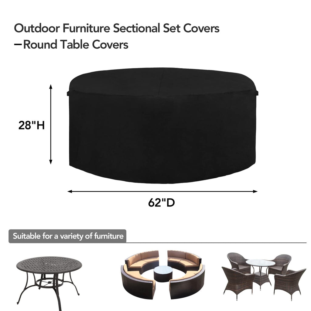 Easy-Going 600D Heavy Duty Round Patio Furniture Cover, Outdoor Table And Chair Set Cover, Waterproof Outdoor Sectional Furniture Set Cover (62' Diax 28' H, Black)