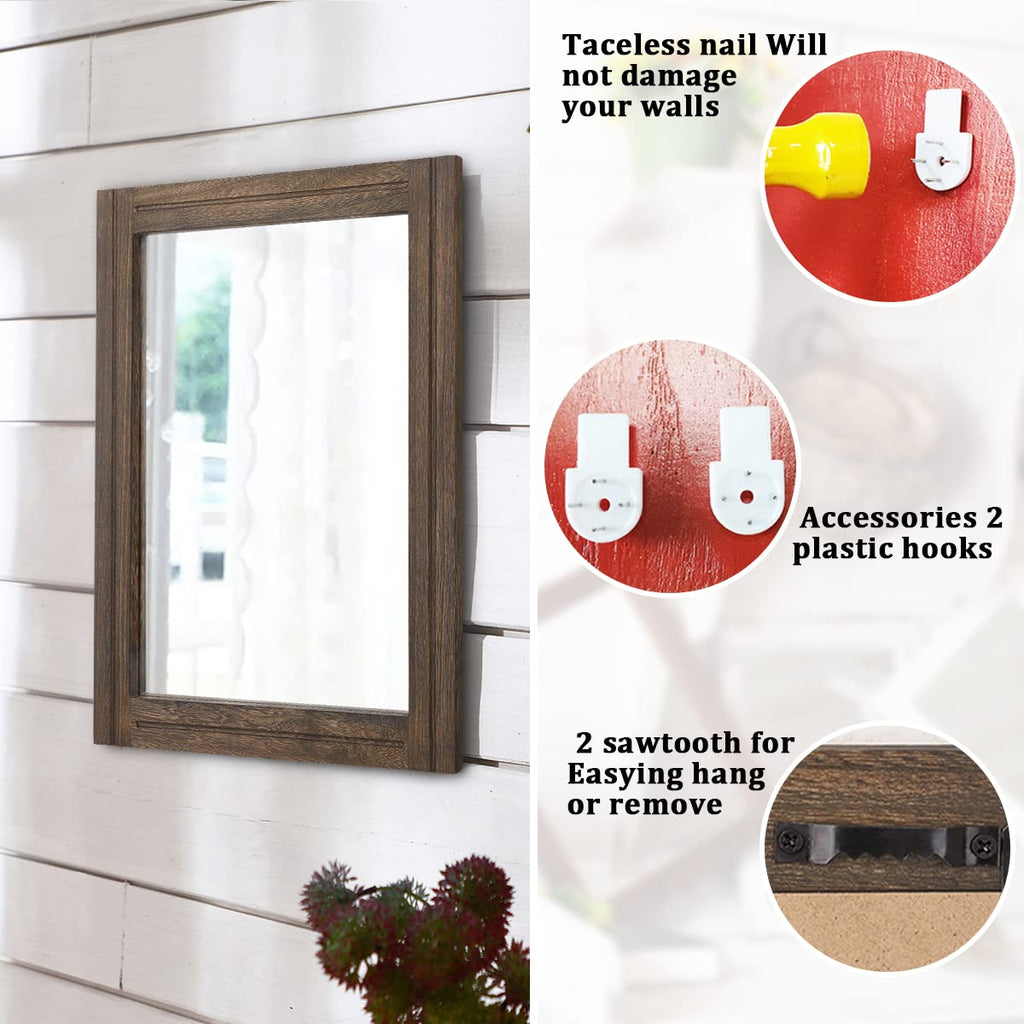 Aazzkang Rustic Wood Mirror Rectangle Decorative Wall Mirror With Frame Bedroom Living Room Bathroom Hanging Mirror