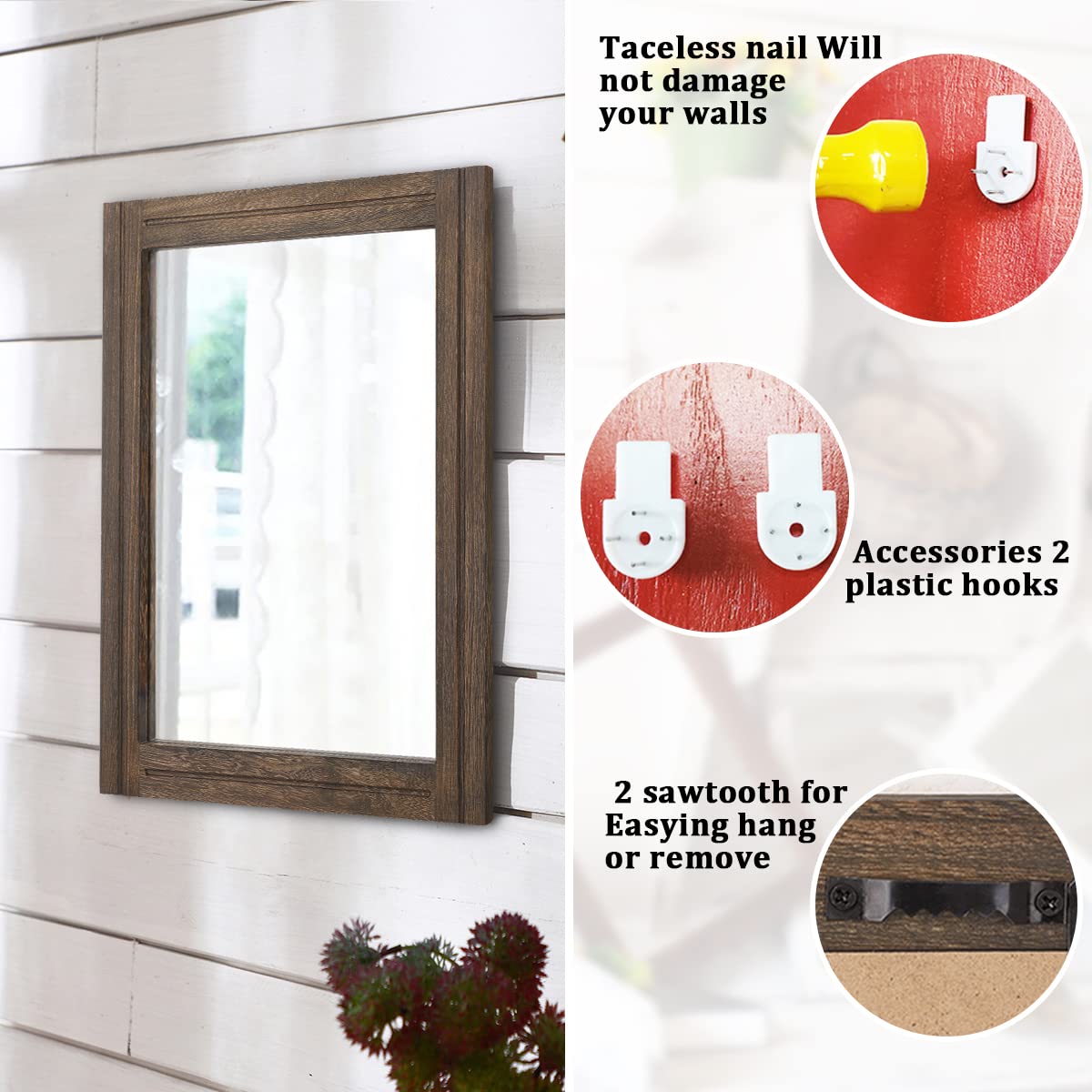 Aazzkang Rustic Wood Mirror Rectangle Decorative Wall Mirror With Frame Bedroom Living Room Bathroom Hanging Mirror