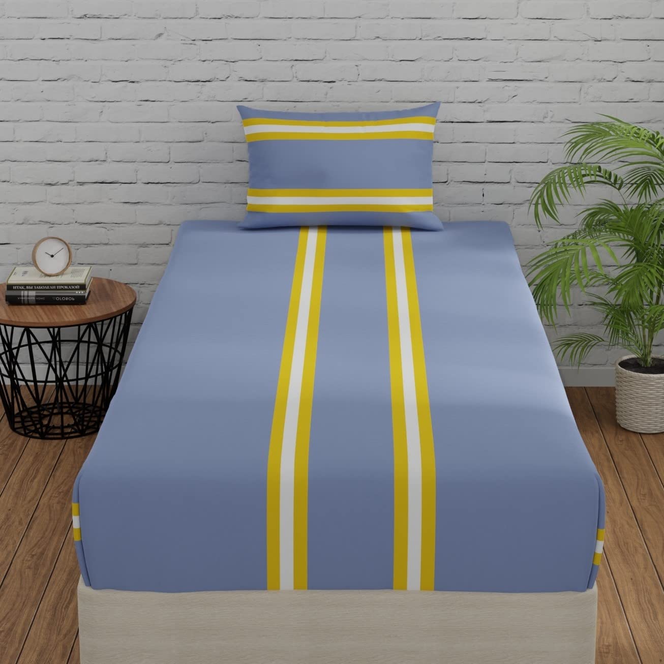 Huesland By Ahmedabad Cotton 144 Tc Cotton Bed Spread For Single Cot With 1 Pillow Cover | Striped Grey & Yellow