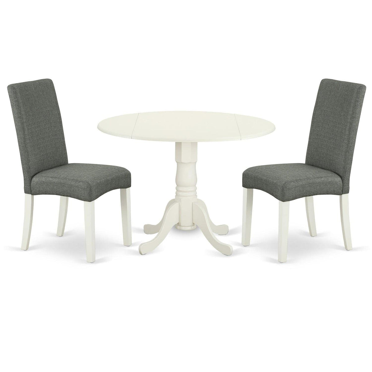 East West Furniture Dldr3-Lwh-07 3 Piece Kitchen Table & Chairs Set Contains A Round Dining Room Table With Dropleaf And 2 Gray Linen Fabric Parsons Dining Chairs, 42X42 Inch, Linen White