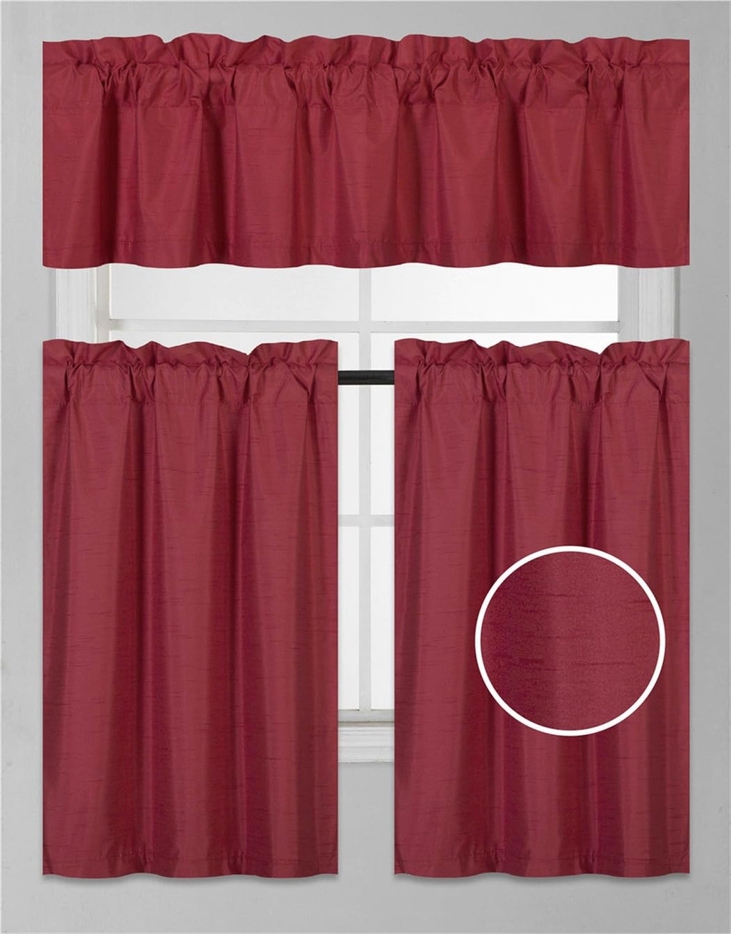 3Pc Set Solid Faux Silk Lined Blackout Rod Pocket Small Kitchen Window Curtain With Valance (K3) (Burgundy)